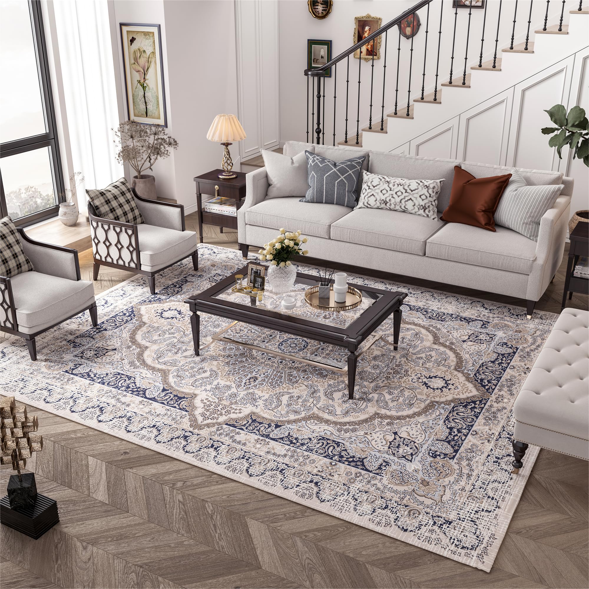 INGEROOM Washable Area Rug, 8x10 Large Area Rug for Living Room, Soft Area Rug for Bedroom, Vintage Design, Stain Resistant Rugs, TPR Anti-Slip Backing, Non Shedding, Floral Area Rug