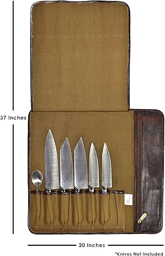 Miniatura 8 de Boldric Bolsa de lona de algodón para cuchillos de chef con gancho DD  Estuche profesional de lona de viaje con ribete de piel de búfalo de agua, 7