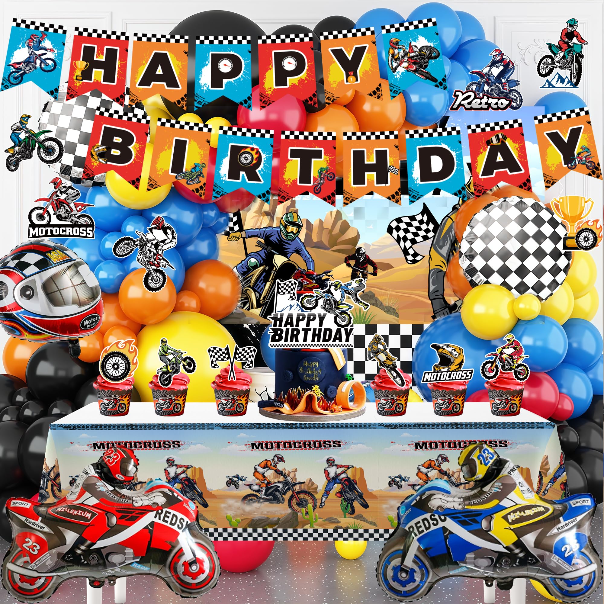 Motorcycle Birthday Supplies, 102pcs Motorcycle Party Decorations Set Including Dirt Bike Party Backdrop Balloon Banner Cake Topper etc Dirt Bike Birthday Decorations