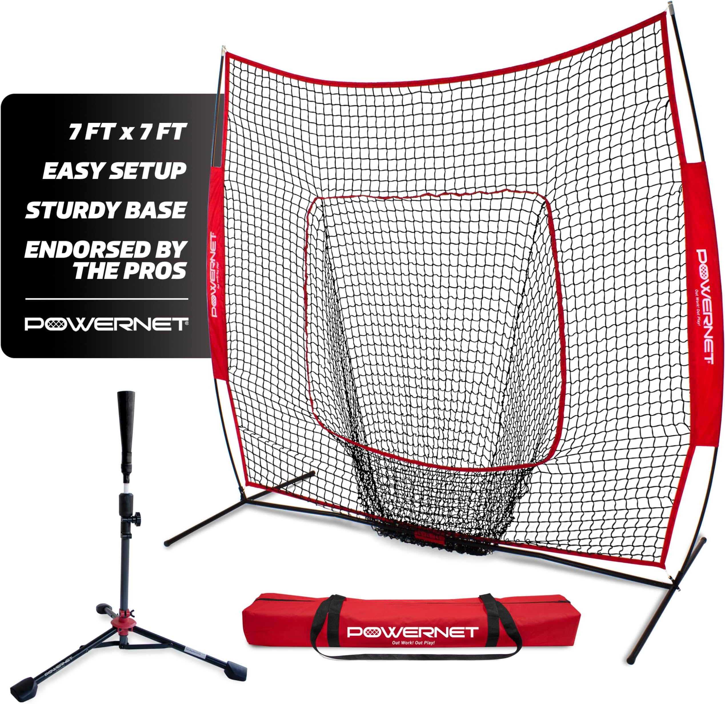 PowerNetBaseball Softball Practice Net 7x7 with Travel Tee | Practice Hitting, Pitching, Batting, Fielding | Portable, Backstop, Training Aid, Large Mouth, Bow Frame | Training Equipment Bundle