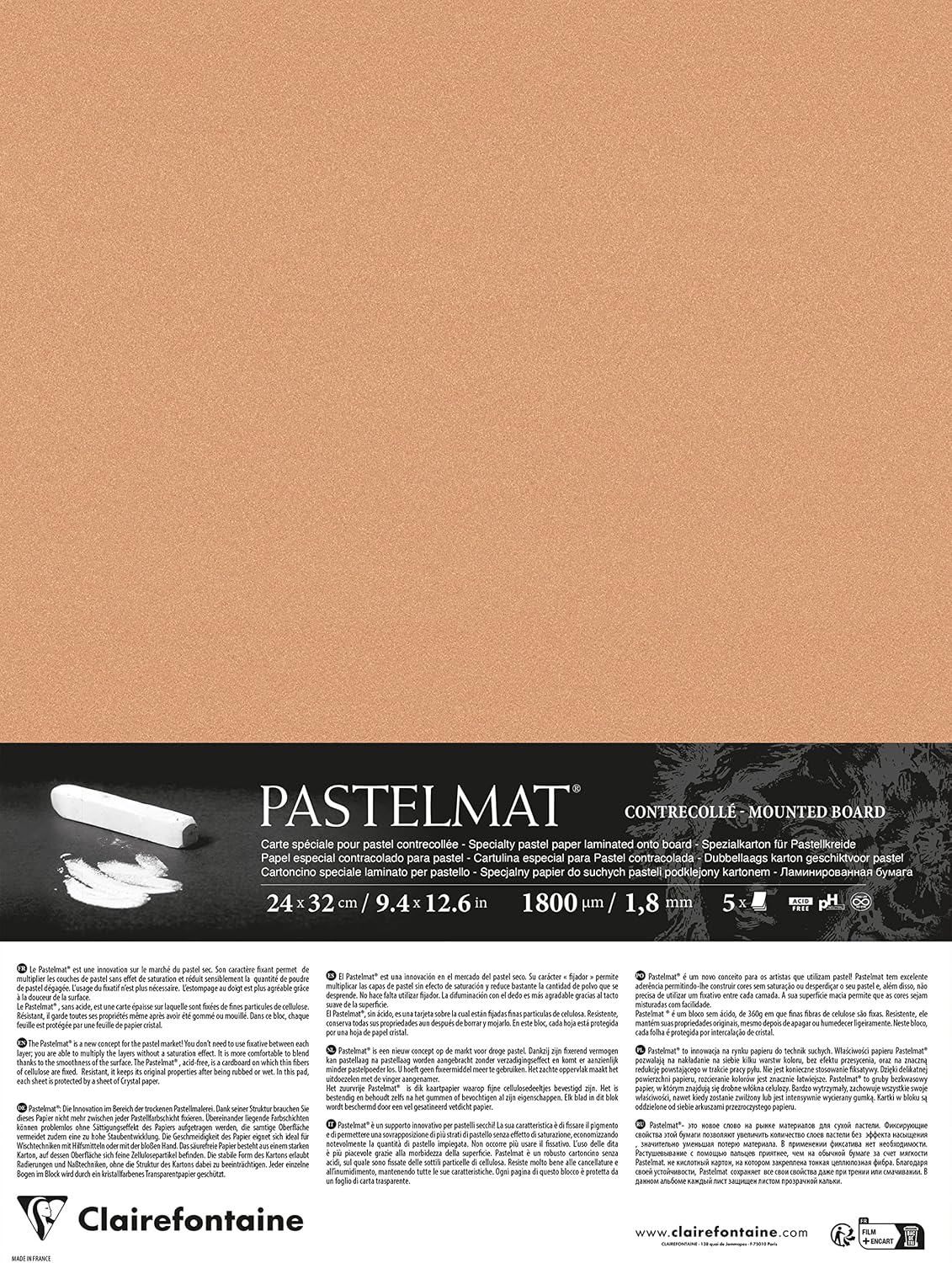 Clairefontaine 796012C - Laminated Pastelmat Paper - 5 Laminated Sheets Special Card for Dry Pastels - 24 x 32 cm 360g 1.8 mm - Sienna - Made in France