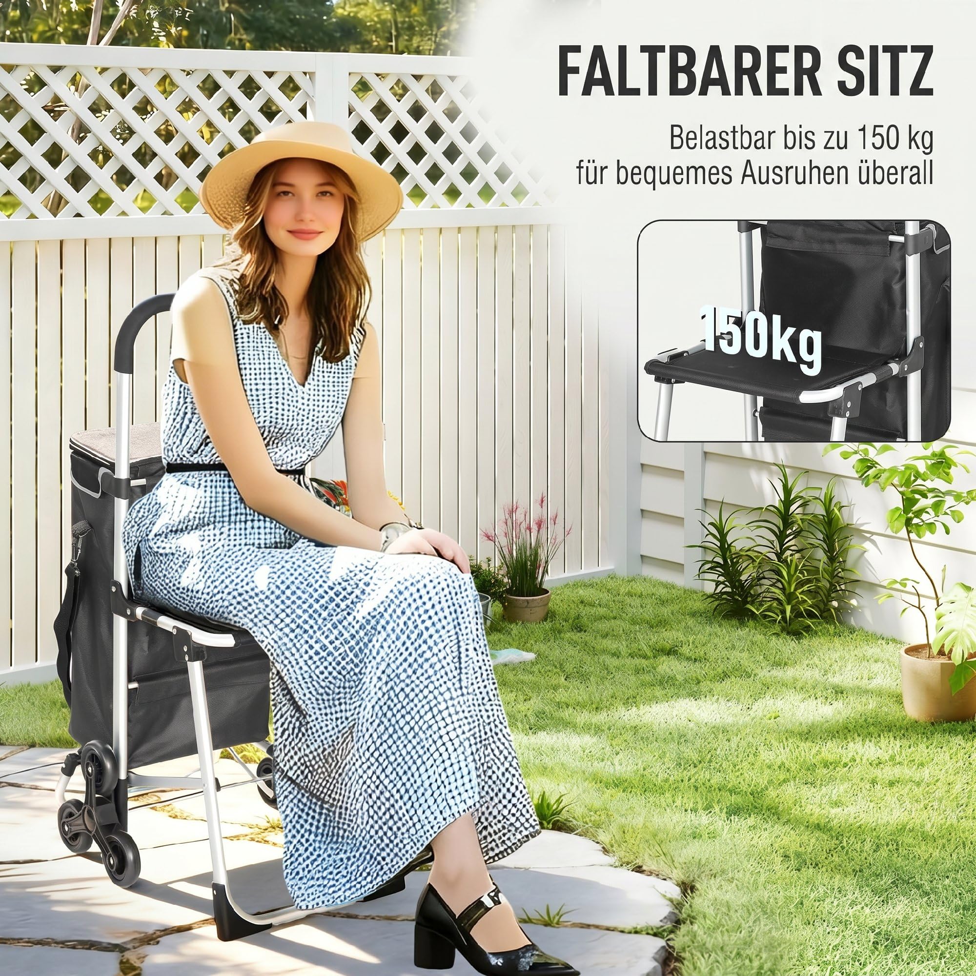 HOMCOM 3-in-1 Einkaufstrolley Klappbar mit Sitz 40L Kapazität Duneklgrau