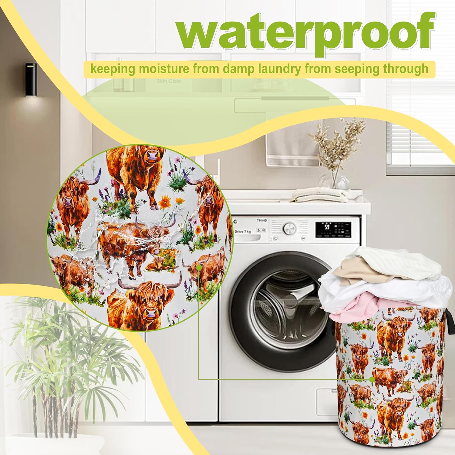 Highland Cow Laundry Basket Funny Cattle Foldable Waterproof Oxford Cloth Tote Bag Laundry Hamper Round Large Clothes Storage Bucket Toy Organizer For Bathroom/Laundry Storage/Bedroom 18.9x16.5 Inch
