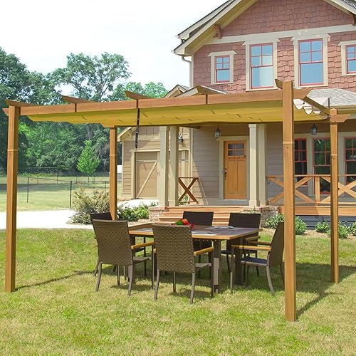 Domi 9’ x 13’ Pérgola retráctil para exterior contra la pared con toldo resistente a la intemperie, pérgola de aluminio para jardín, pérgola para