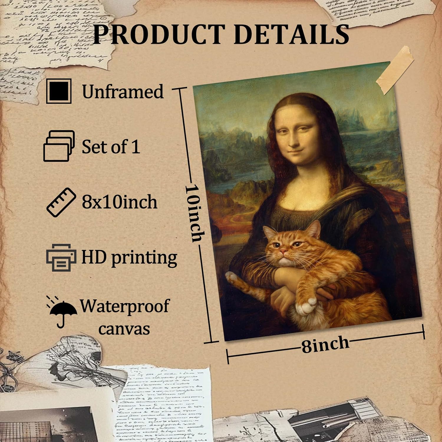 Funny Mona Lisa Cat Wall Art, Vintage Renaissance Mona Lisa Holding Orange Tabby Cat Canvas Print, Classic Abstract Art Painting Poster for Bathroom Living Room Bedroom Home Decor 8x10 Inch Unframed