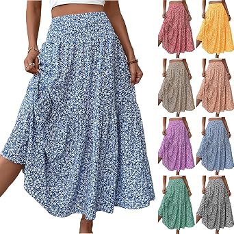 Boho Maxi Skirt for Women Summer Floral Smocked High Waisted Skirts with Pockets Vacation A-Line Long Flowy Skirts