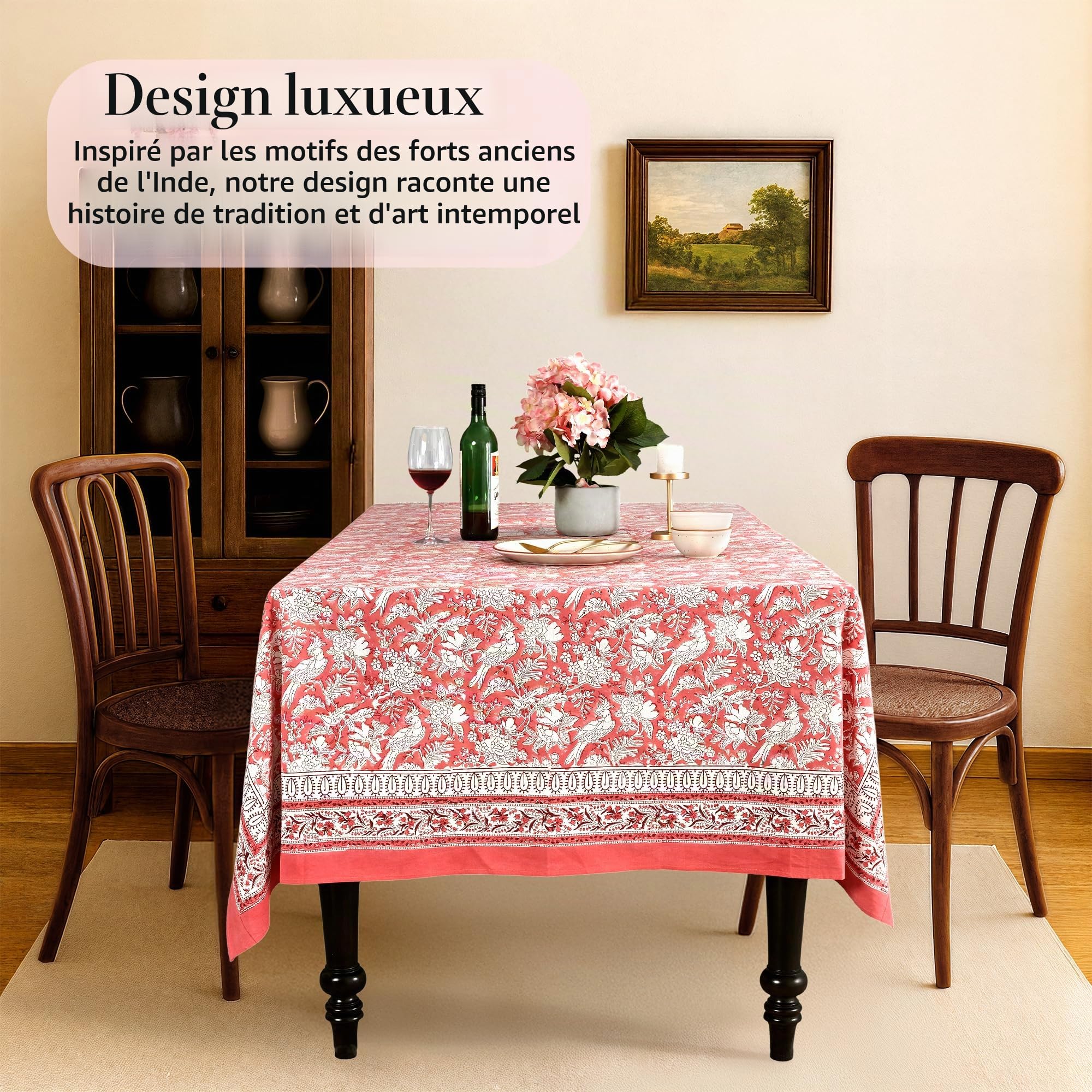 CPC COTTON PRINT CLUB Nappe Indienne 6 Places 152,4 x 228,6 cm 100% Pur Coton, Rouge Rubis Indien, imprimé à la Main