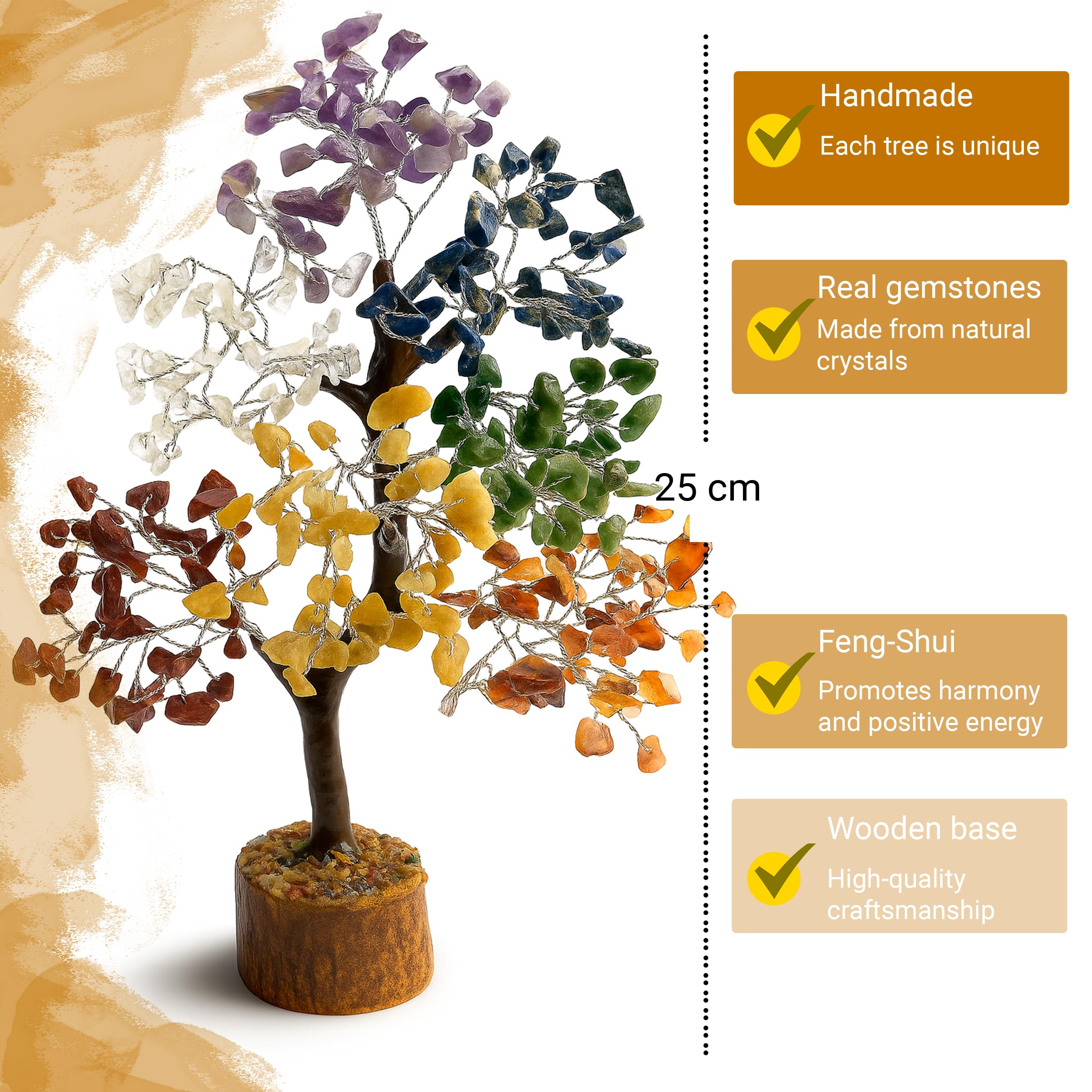 Pietra preziosa Chakra, albero della vita, filo d'argento, decorazione spirituale con 7 pietre curative Chakra, albero Feng Shui, armonia, prosperità ed energia, fatto a mano, circa 25 cm,