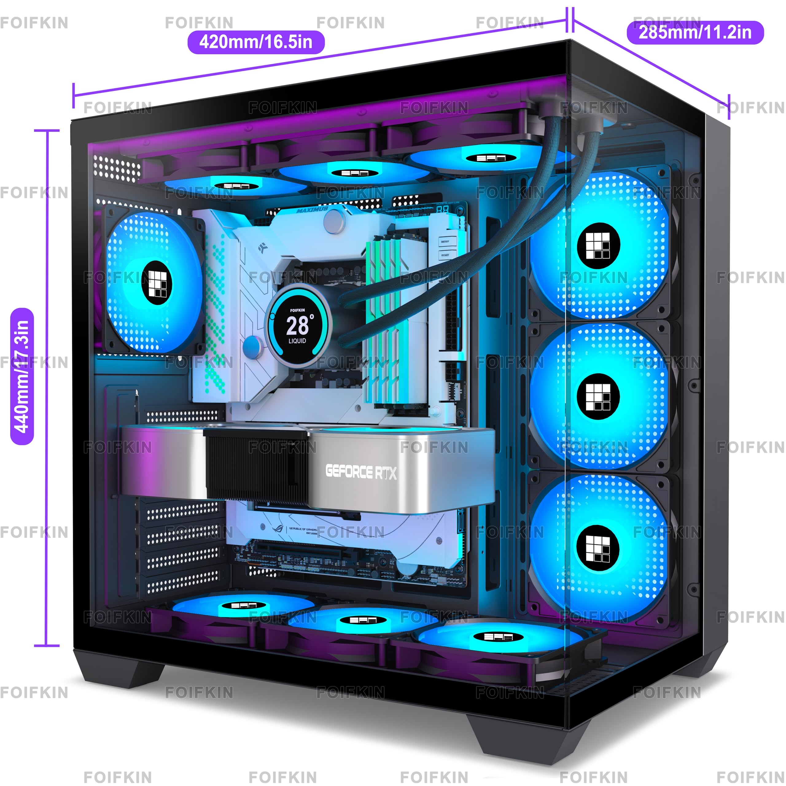 FOIFKIN F300 PC Gehäuse ATX mit 7 PWM ARGB Lüfter,Hoher Luftstrom Mid-Tower Computer Gehäuse,Gaming PC-Gehäuse Big Tower,ATX Gehäuse,mit Type-C,360mm Rad Computergehäuse (Schwarz, F300)