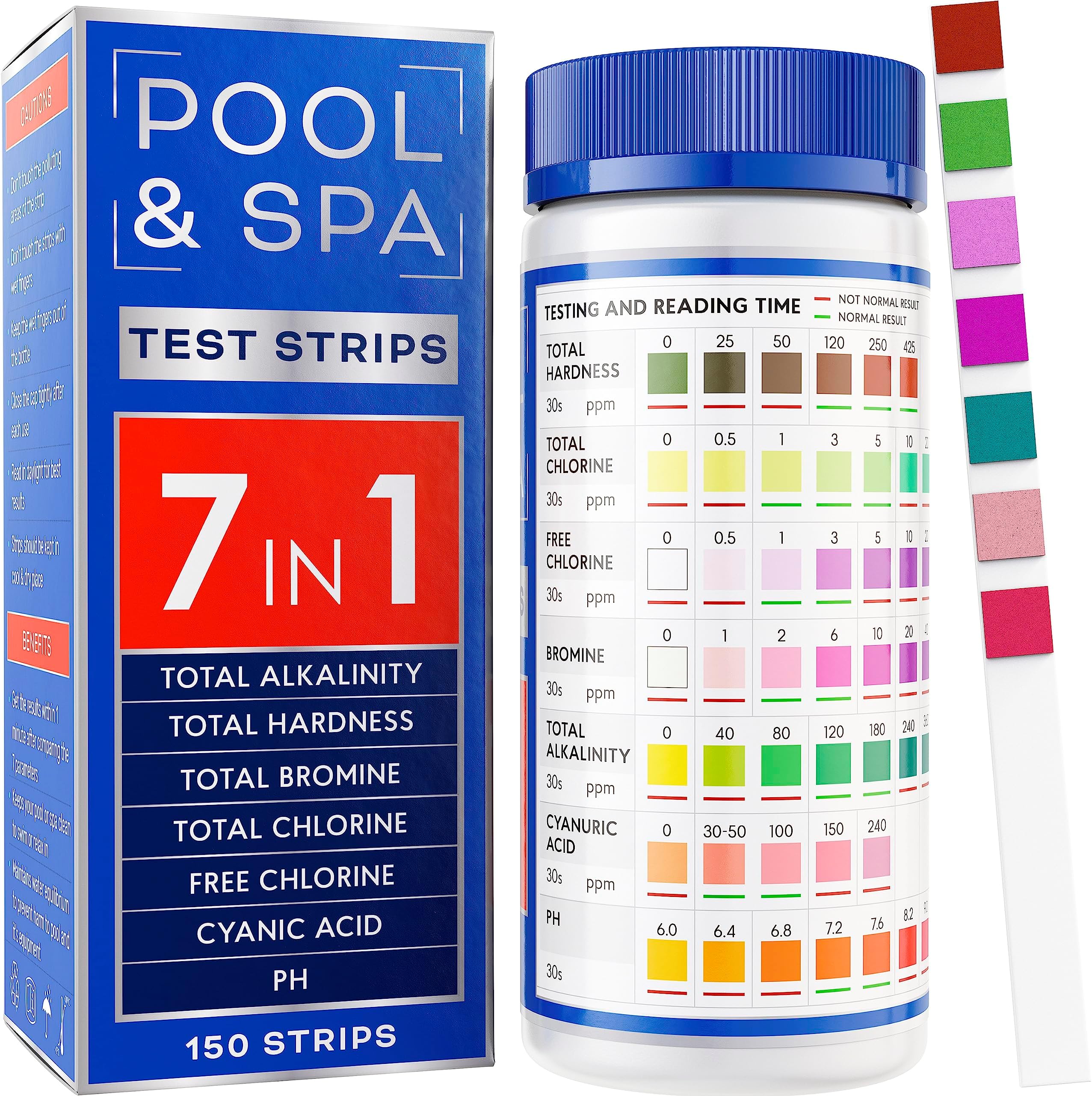 All-New 2023 Pool and Spa Test Strips 7 in 1 Quick SuperAccurate Swimming 150 Pool Test Kit - Hot Tub Test Strips & Pool Water Testing Strips for pH Chlorine Bromine Hardness Alkalinity Cyanuric Acid