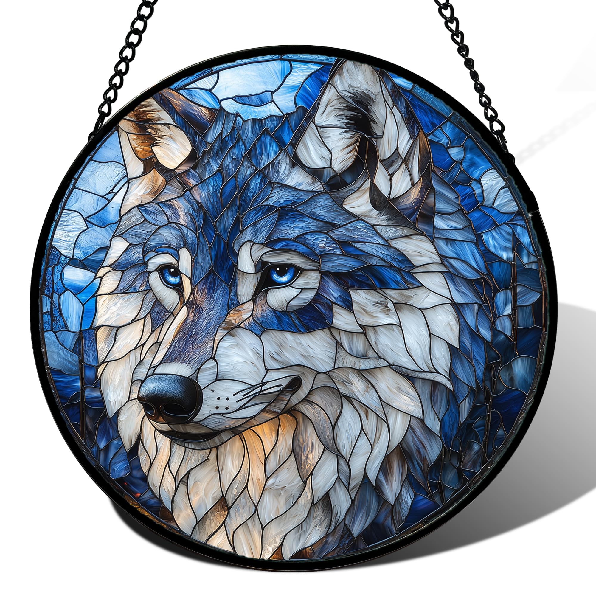 Blue Wolf Stained Glass Window Hanging Suncatcher Gifts for Women 15"