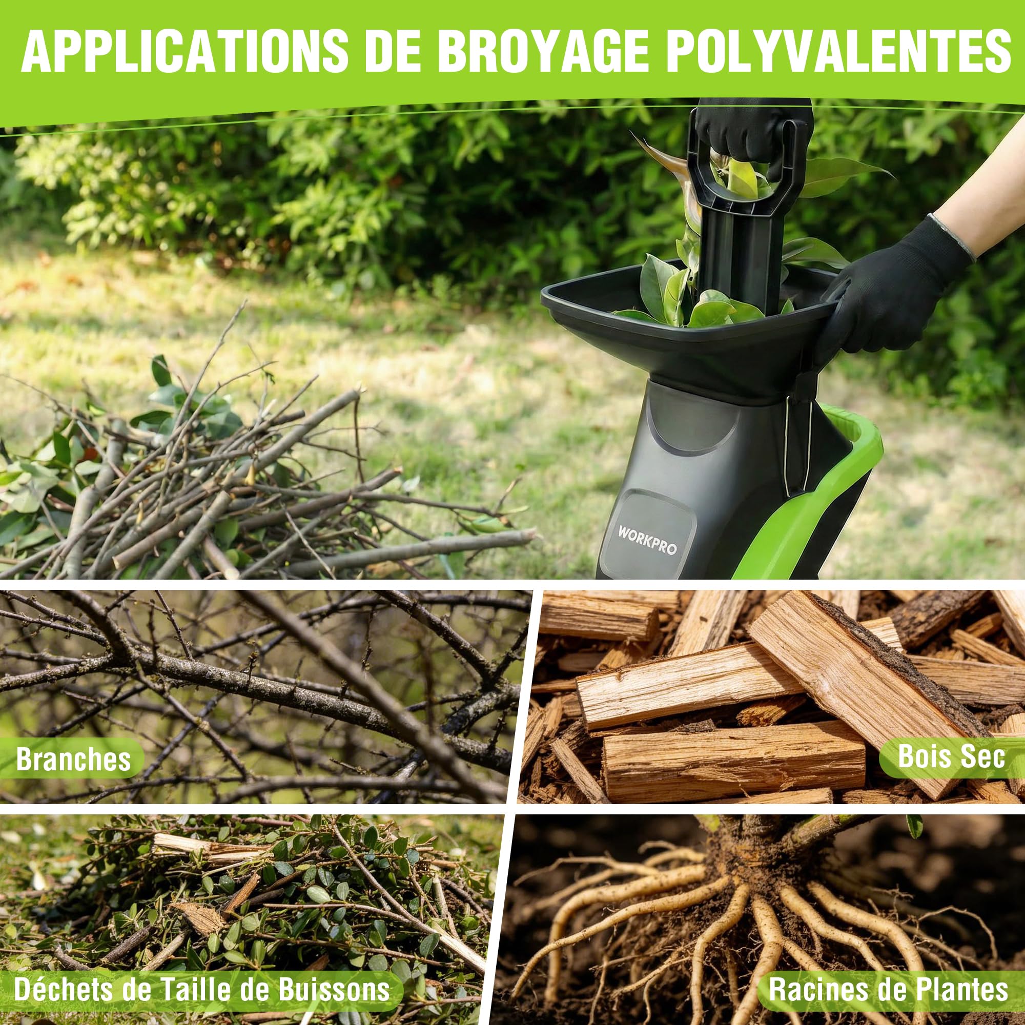 WORKPRO Broyeur de Végétaux Électrique 2500W, Coupe Max Fresh Branches 44 mm, Branches Sèches 30-35 mm, Lames SK5 Double Tranchant, 2 Sacs 45L, Trémie 7L, avec Sécateur et Roues 18 cm