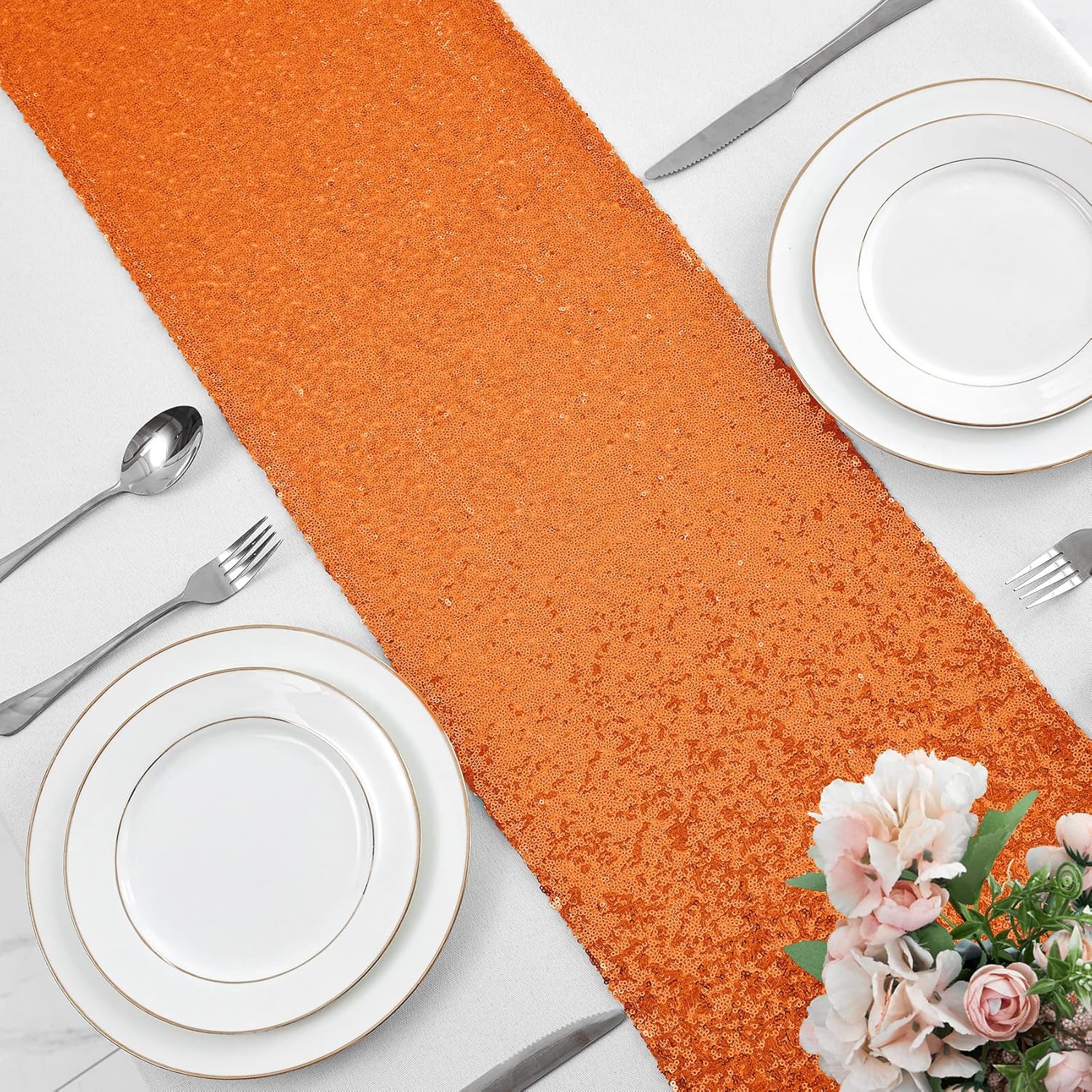 6 Packs 12 x 72 inches Orange Sequin Table Runner, Glitter Runner for Birthday Party Supplies Decorations Wedding Bachelorette Holiday Celebration Bridal Shower Baby Shower