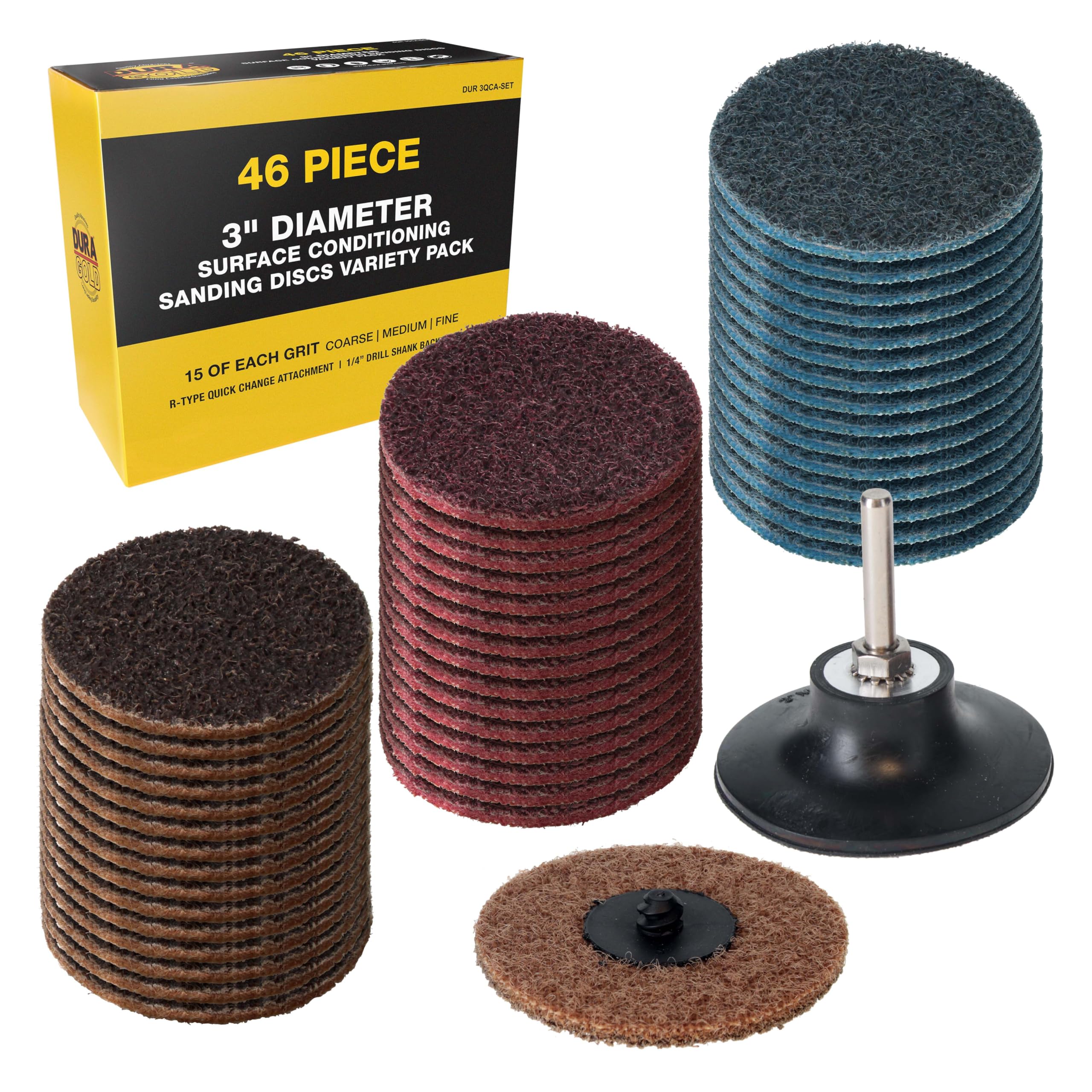 Dura-Gold 46 discos de lijado para acondicionamiento de superficies de 3 pulgadas de diámetro, paquete variado de 15 unidades de cada uno de grano grueso, medio y fino, bloqueo de rollo de cambio