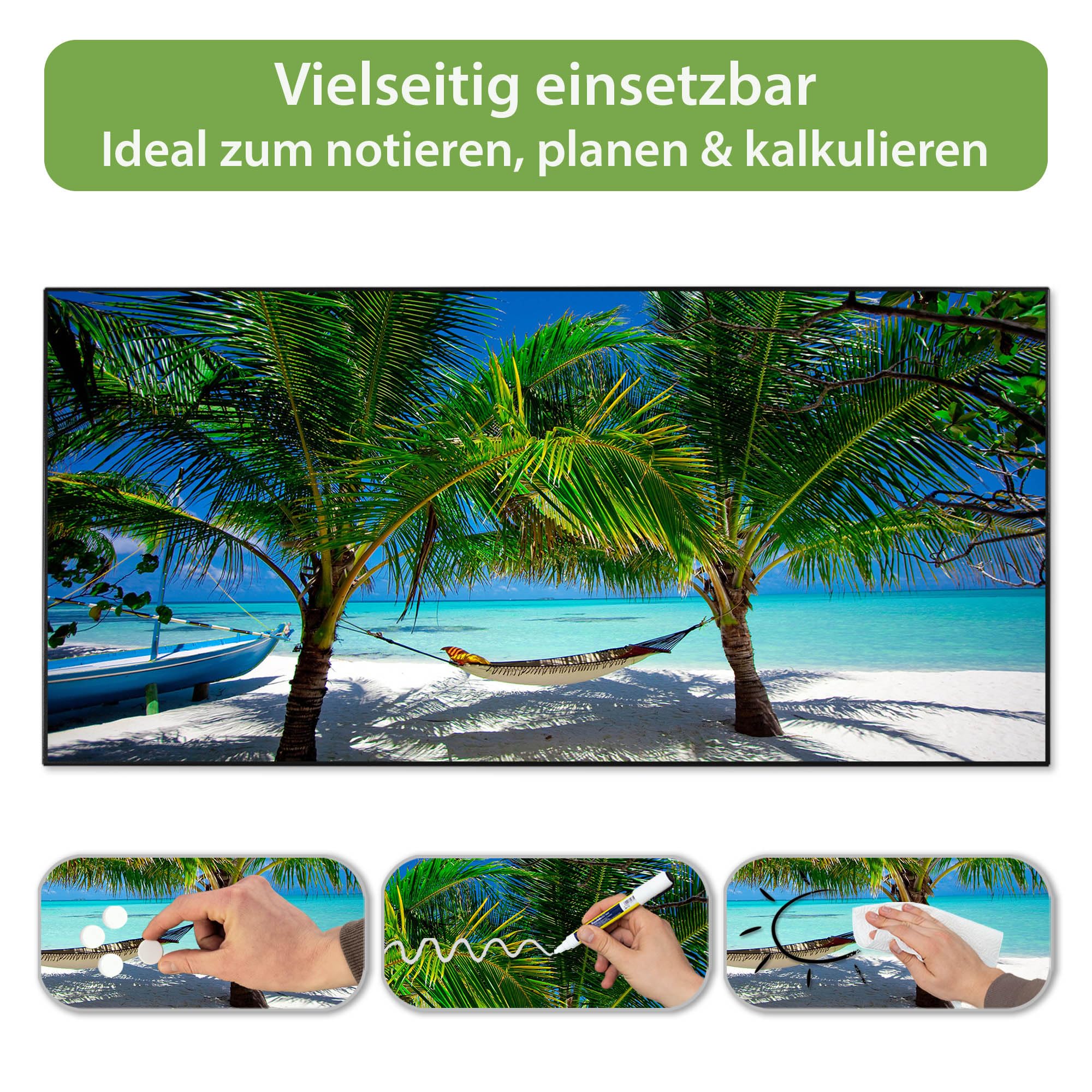 banjado Magnettafel Metall 78 x 37cm - beschreibbare Magnettafel - Metall Pinnwand als Memoboard - Magnetwand Küche, Büro, Kinderzimmer Schwarz inkl. 4 Magnete & Montageset - Motiv Strand