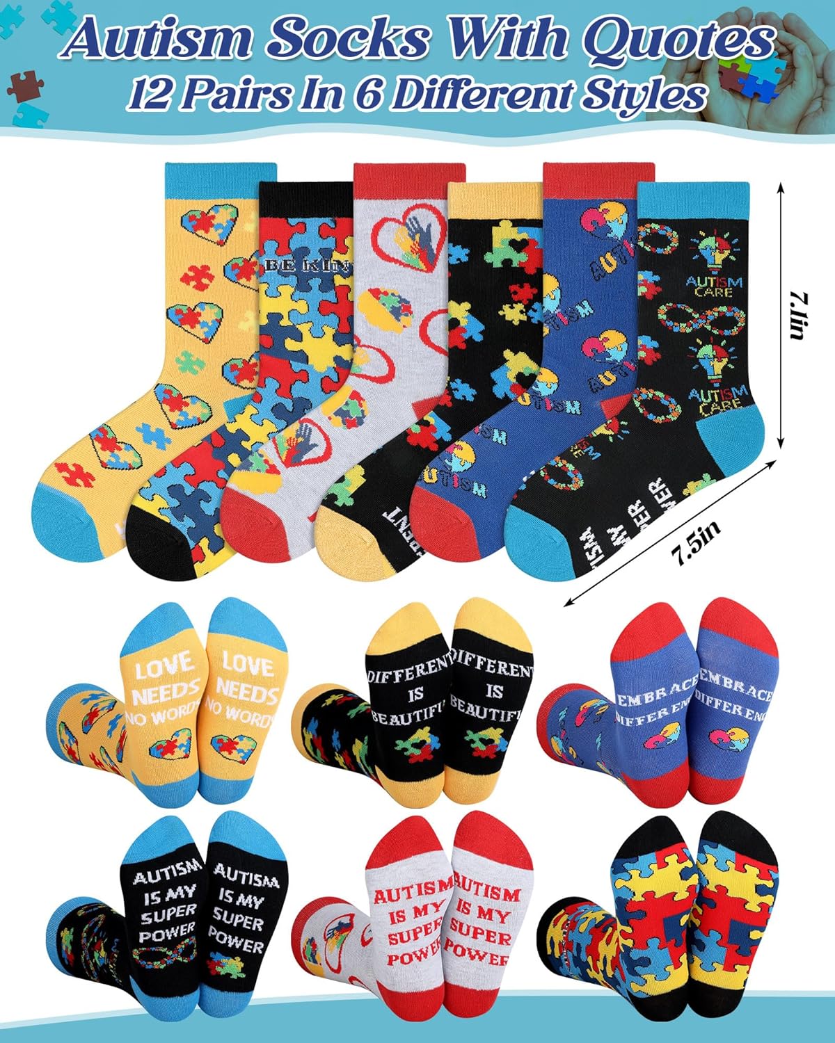 12 Pairs Autism Socks for Women Men Colorful Graphic Socks Adult Autistic Puzzle Stuffs Autism Awareness Month Gifts