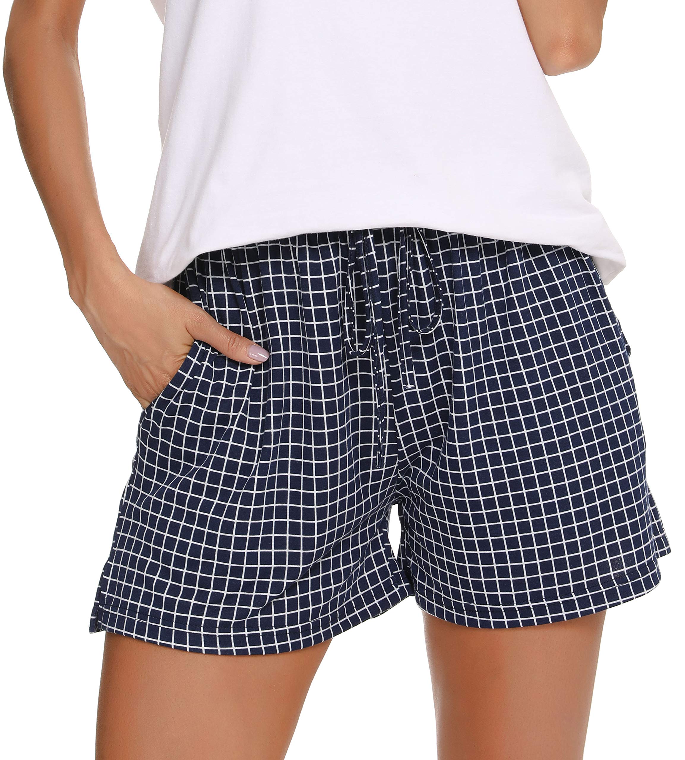 Lovasy Kurze Schlafhose Damen Karierte Schlafshorts mit Taschen und Kordelzug Schlafanzughosen für Damen Sommer Kurzer Pyjamahose