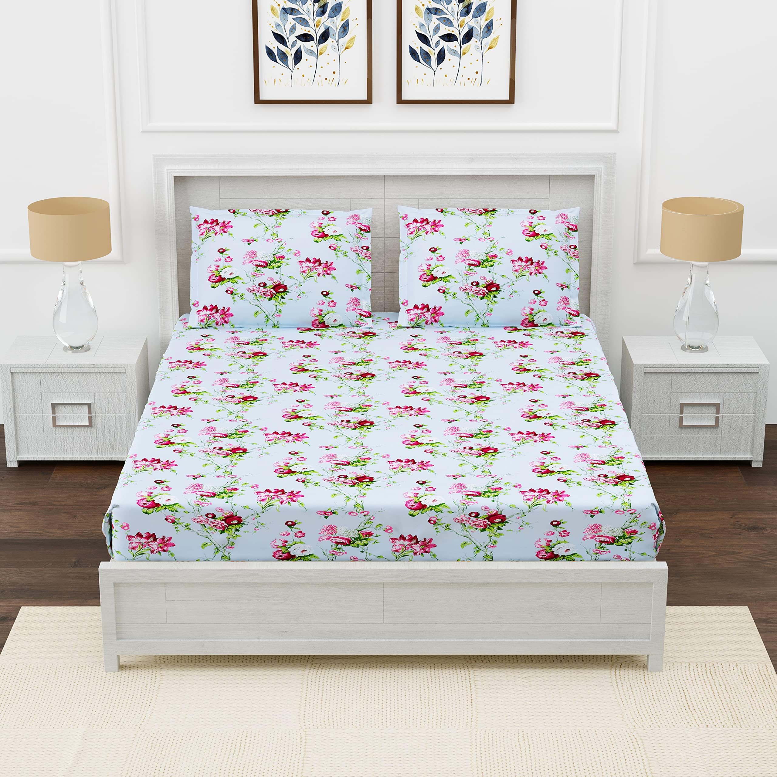 DAKSH 180TC Fitted 100% Cotton Premium Printed Small Twin Size BedSheet, Pink Red Flower (48x72 Inches) with 1 Pillow Covers