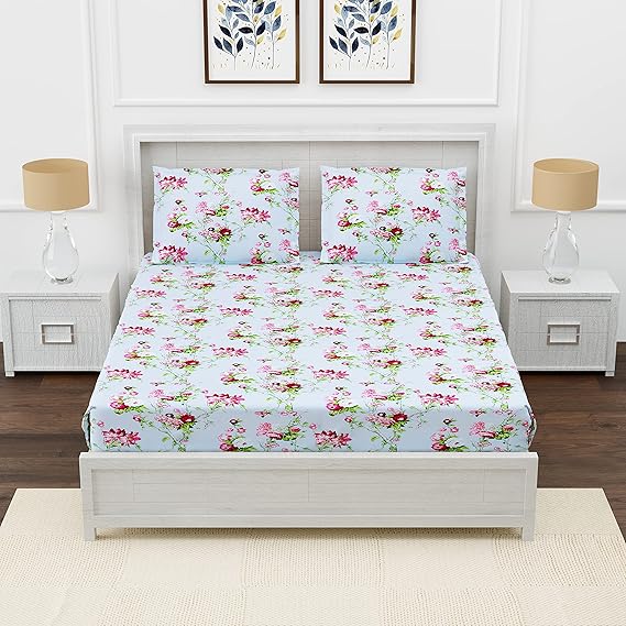AVI 180 TC Fitted 100% Cotton Premium Printed Large California King Size Bedsheet (78x84 Inches) with 2 Pillow Covers, Pink & Green