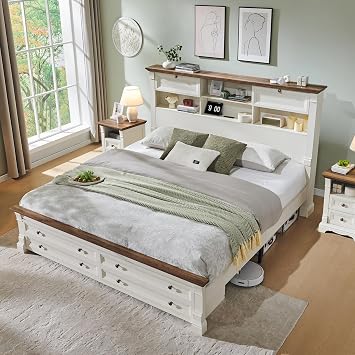 T4TREAM Farmhouse Queen Size Bed Frame with 54" Tall Headboard, Wood Platform Bed Frame with 18" Tall Roman Column Decoration Footboard & 2 Large Storage Drawers, No Box Spring NeededAntique White