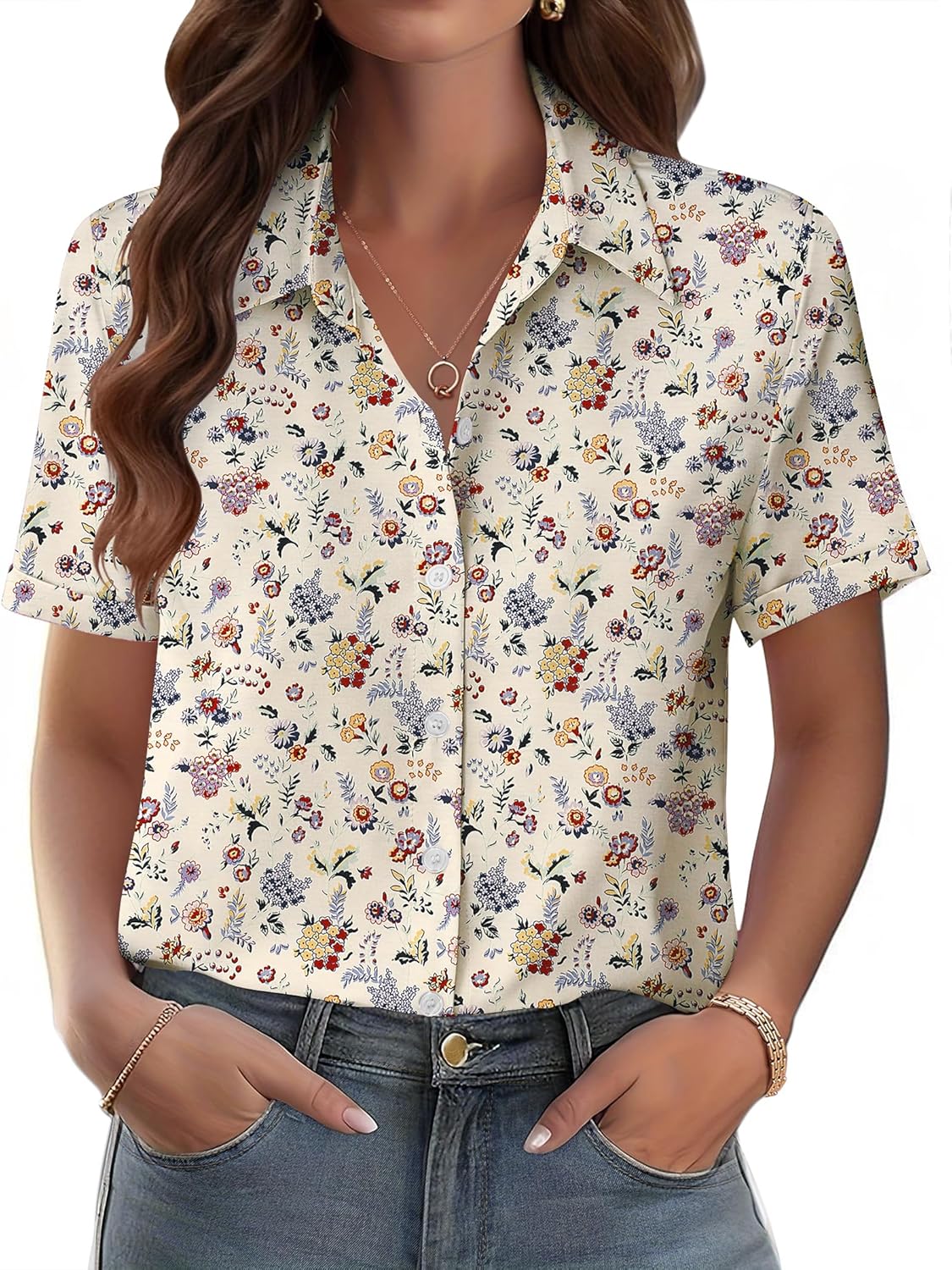 Zeagoo Womens Button Down Blouse Rolled Cuffed Short Sleeve Shirts Casual Work Blouse Summer Hawaiian Outfits