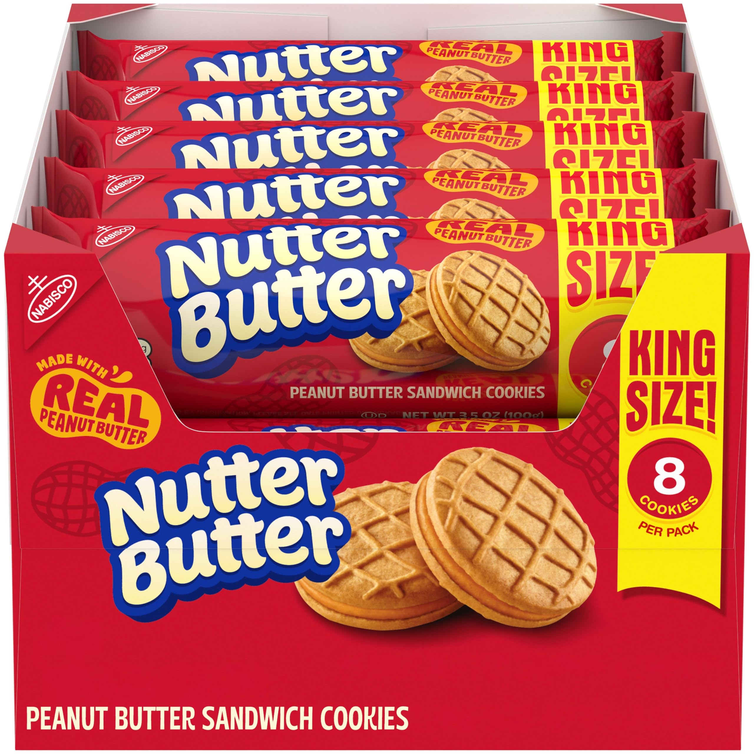 NUTTER BUTTER Peanut Butter Sandwich Cookies, King Size, 10 Snack Packs | 8 Cookies Per Pack, Made with Real Peanut Butter, Certified Kosher, Individually Wrapped