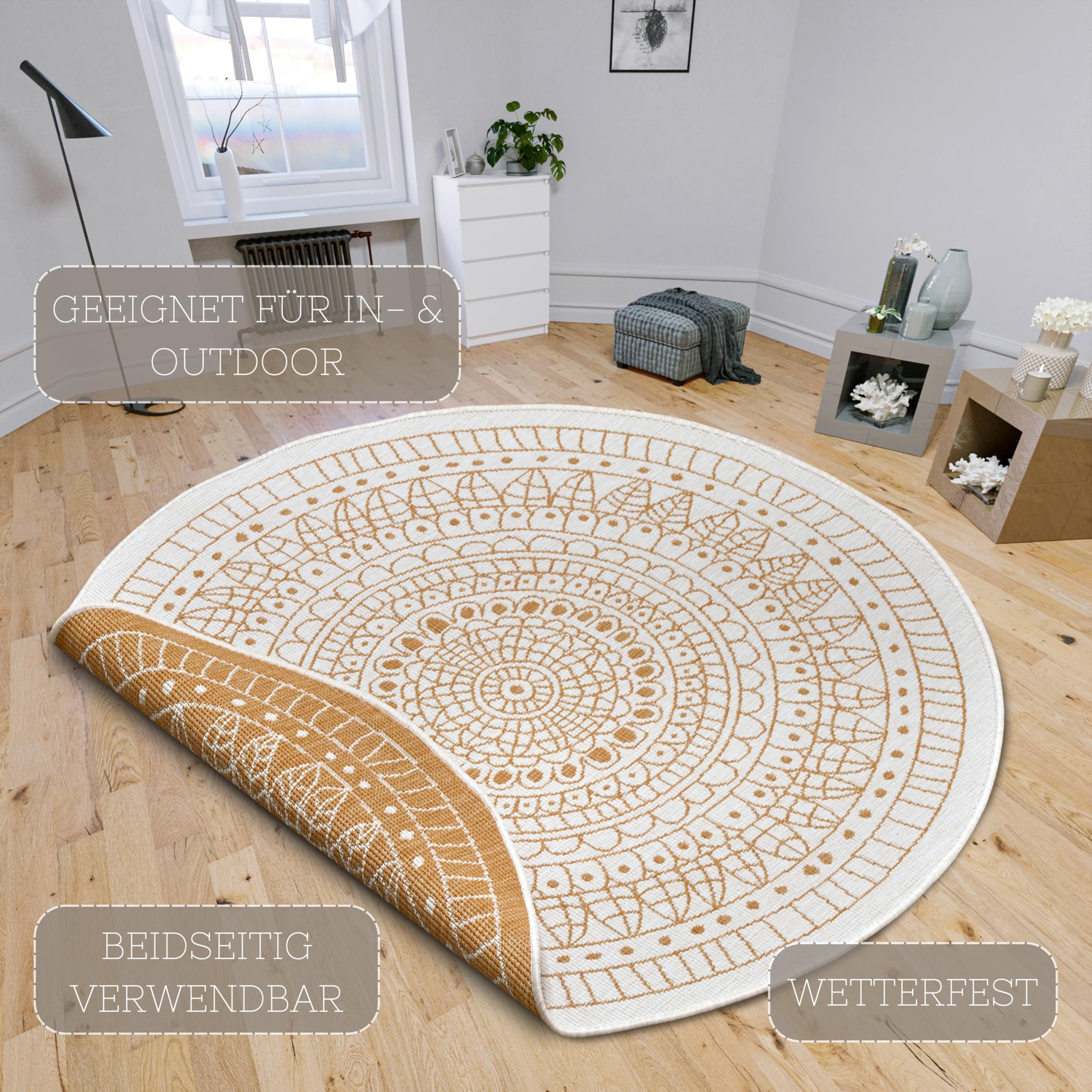 Hanse Home Northrugs Porto In- und Outdoor Teppich Rund – Runder Wendeteppich Wasserfest Mandala Design Flachgewebe Teppich Wetterfest für Balkon, Terrasse, Garten, Wohnzimmer in Ocker, ⌀100cm