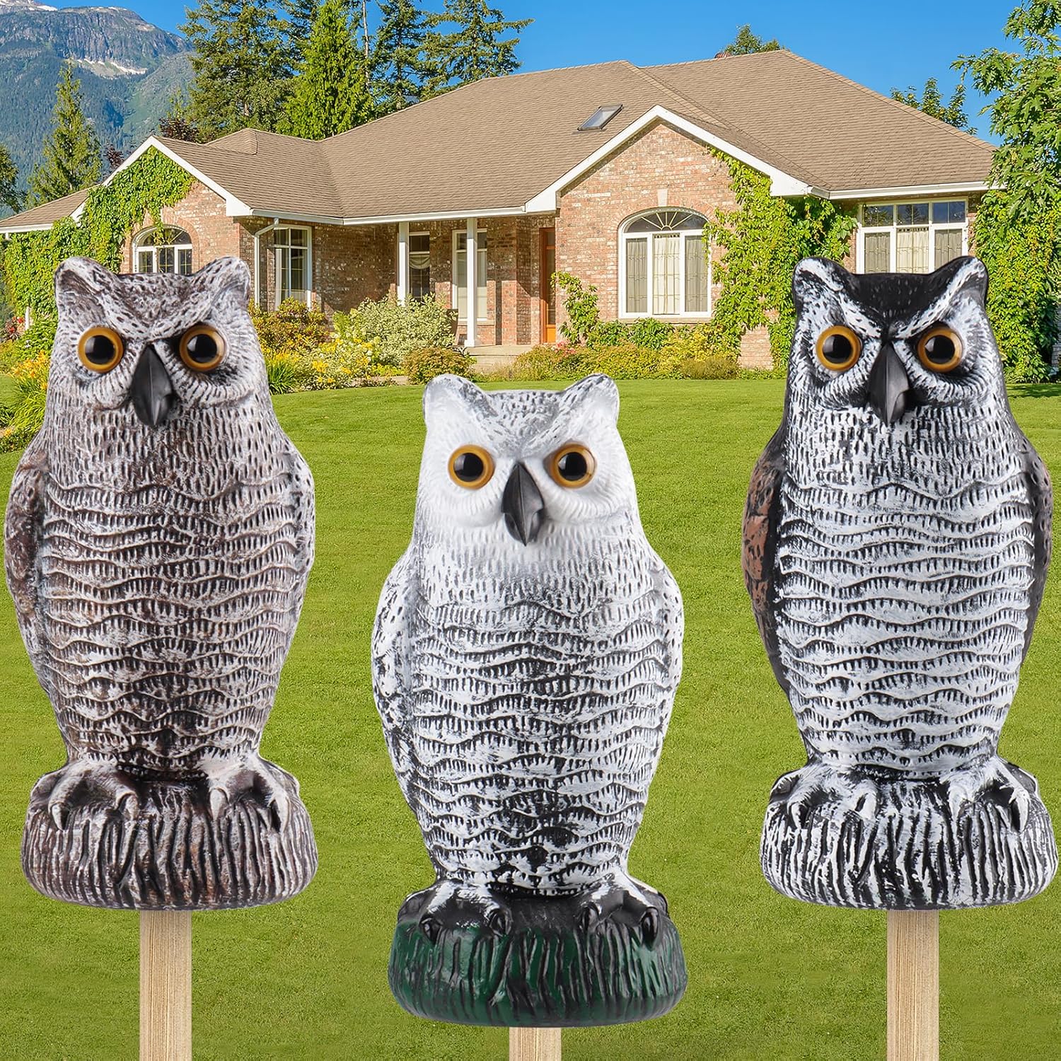 Fake Owl Decoy, Lomrsiul Plastic Garden Owl Scarecrow for Garden, Halloween Decorations Outdoor, Waterproof Owl Statue for Courtyard Orchard Doorway Roof Owl Decor 3 Pack