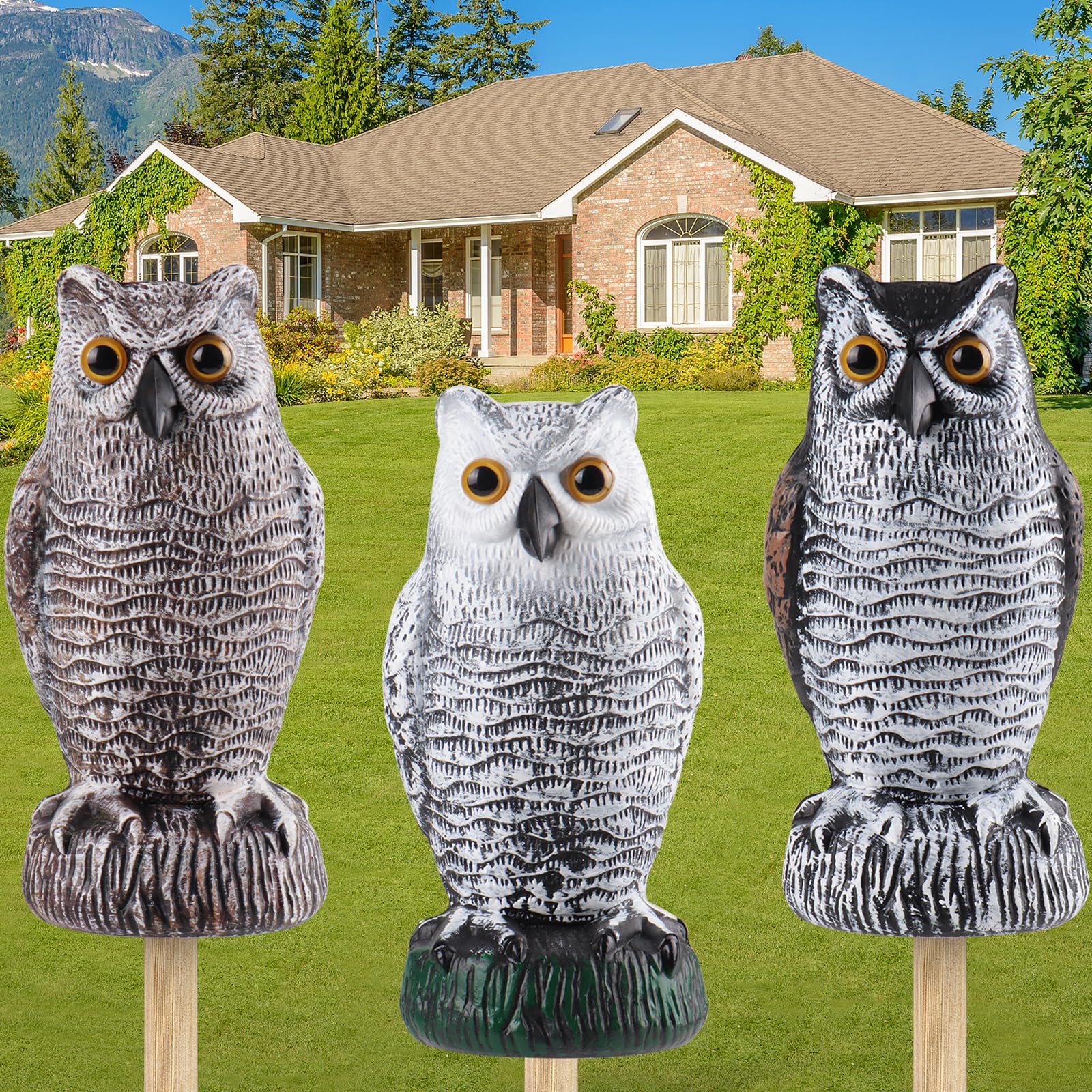 Photo 1 of Fake Owl Decoy to Scare Birds Away, Plastic Garden Owl Scarecrow for Garden, Waterproof Owl Statue for Courtyard Orchard Doorway Roof Owl Decor 3 Pack