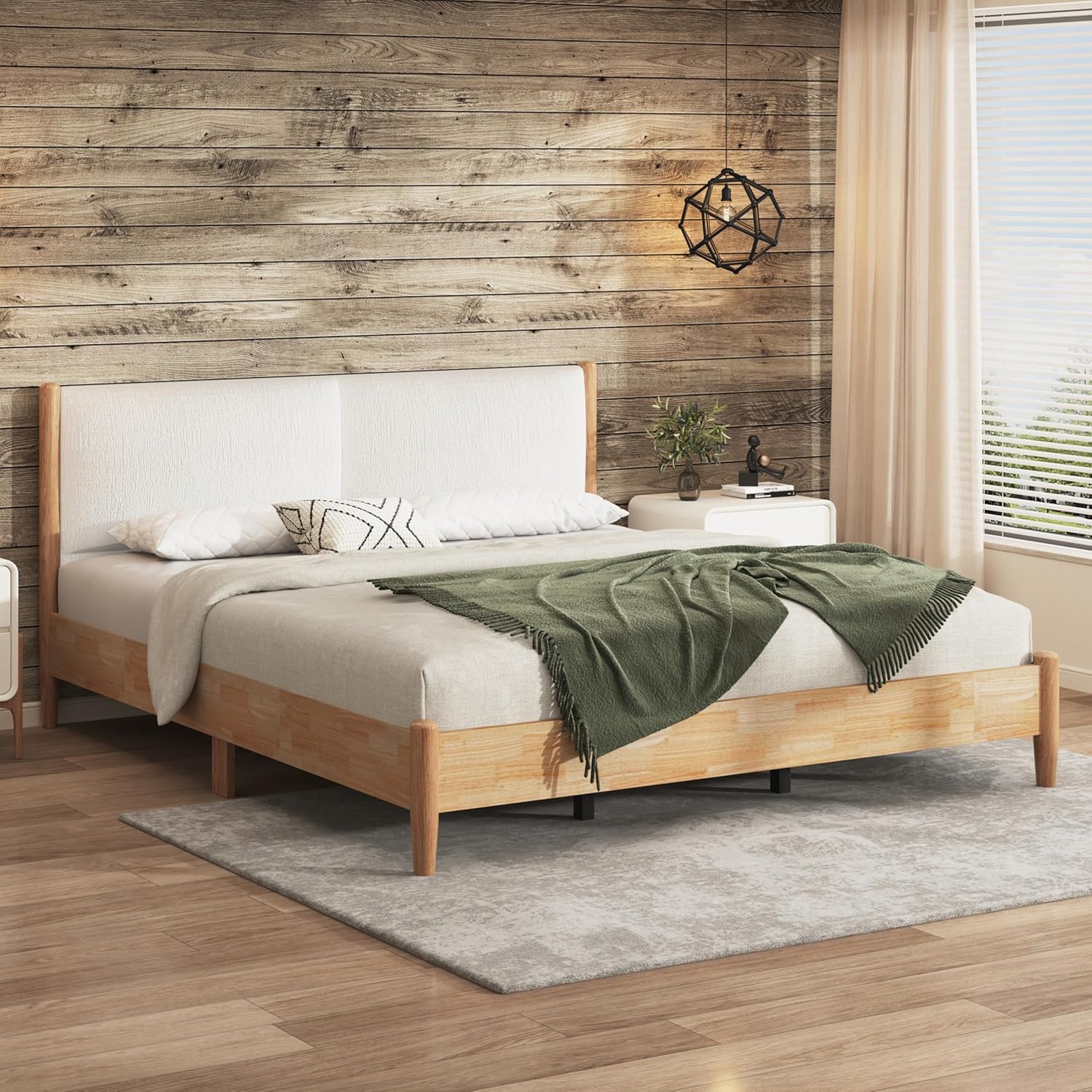 Merax King Size Bed Frame and White Cozy Upholstered Headboard, Natural Wood Platform Bed Frame with Sturdy Wooden Support Slats, No Box Spring Needed, Holds up to 800 lbs, Easy Assembly