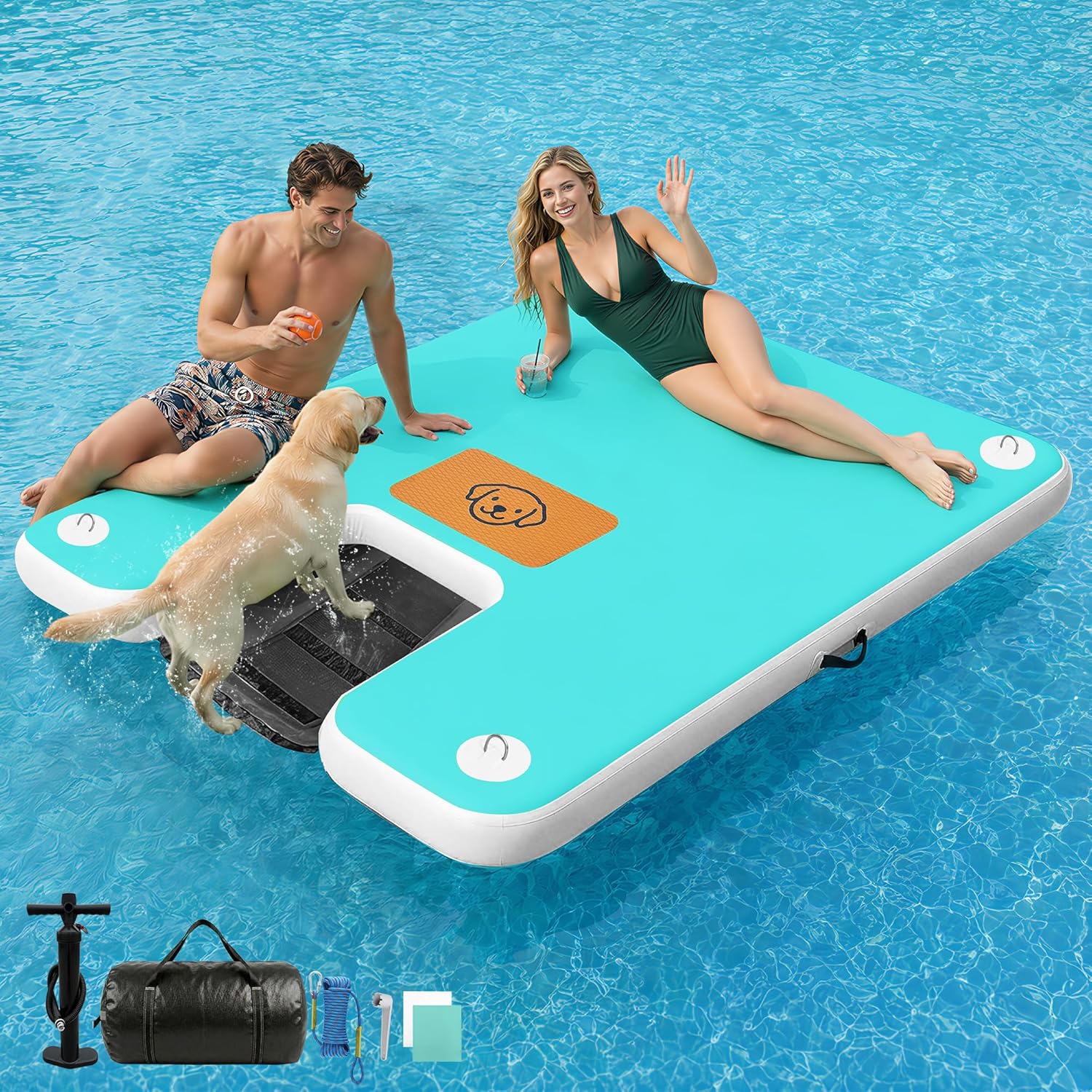 AWEMUFA Inflatable Floating Dock with Ramp 5ft/6ft/8ft/10ft Inflatable Dock Floating Platform, Floating Island Mat Boat Float Lake Floats, Large Rafts Floaties for Adult Pool Ocean Beach Boat Parties