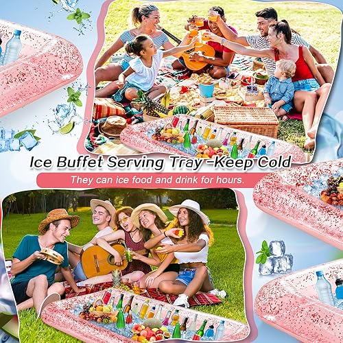 Miniatura 3 de Leitee Bandeja inflable de 3 piezas para servirbufé de hielo, enfriador de bebidas con tapón de drenaje, barra de piscina inflable para fiestas,