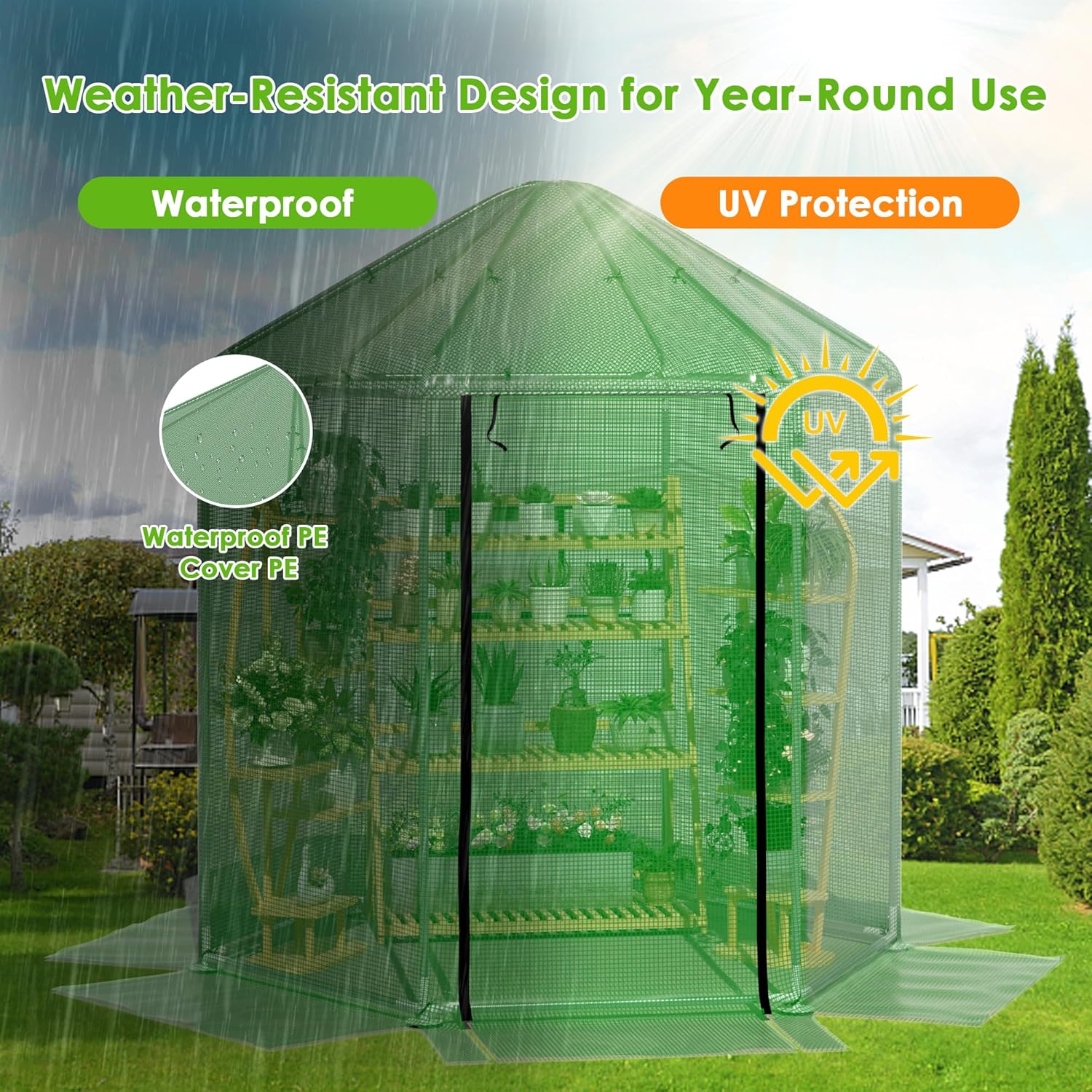 MU 7x7x7.6 FT Greenhouses for Outdoors, Heavy-Duty Green House for Outside, Walk in Winter Greenhouse with 180g Double Layer PE Cover, Ground Stakes, Great for Garden/Patio/Backyard
