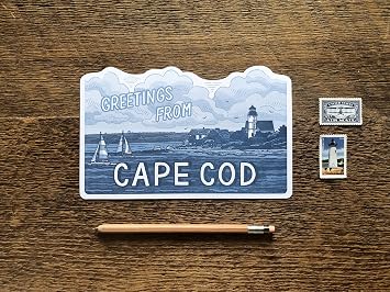 Noteworthy Cape Cod Scenic Postcard, Greetings from Cape Cod Massachusetts, Sandy Neck Lighthouse Sailboat, Single Die Cut Letterpress Postcard, Made in USA