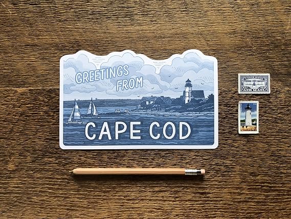 Noteworthy Cape Cod Scenic Postcard, Greetings from Cape Cod Massachusetts, Sandy Neck Lighthouse Sailboat, Single Die Cut Letterpress Postcard, Made in USA