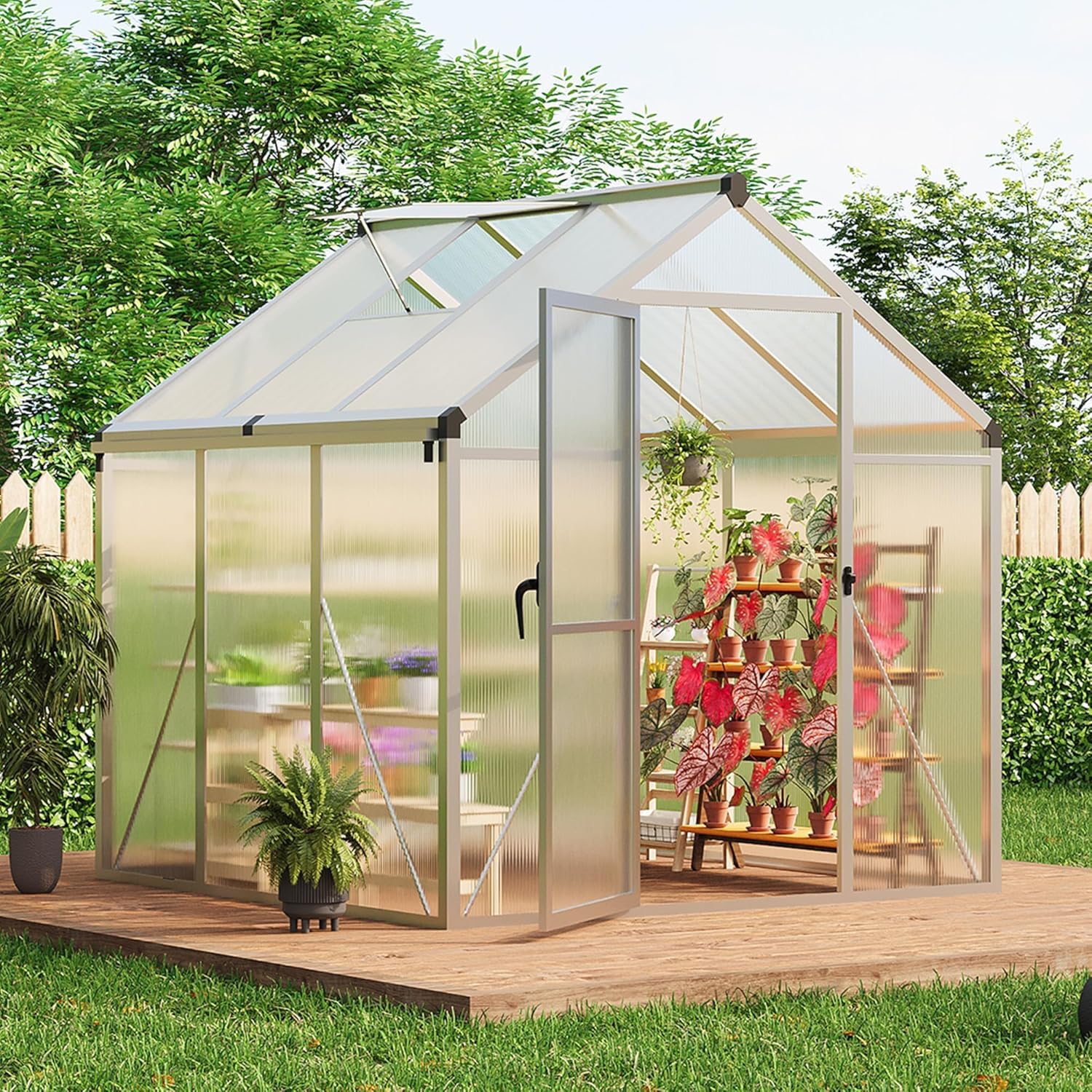 6X6 FT Greenhouse for Outdoors, Polycarbonate Flower Greenhouse with Roof Vent, Push-Pull Lockable Door, Aluminum Walk-in Greenhouses for Outside Garden Backyard, Patio, Lawn, Silver