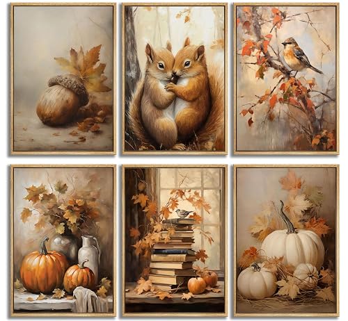 Bexzeak 6PCS Vintage Fall Scenery Nature Fall Leaf Canvas Wall