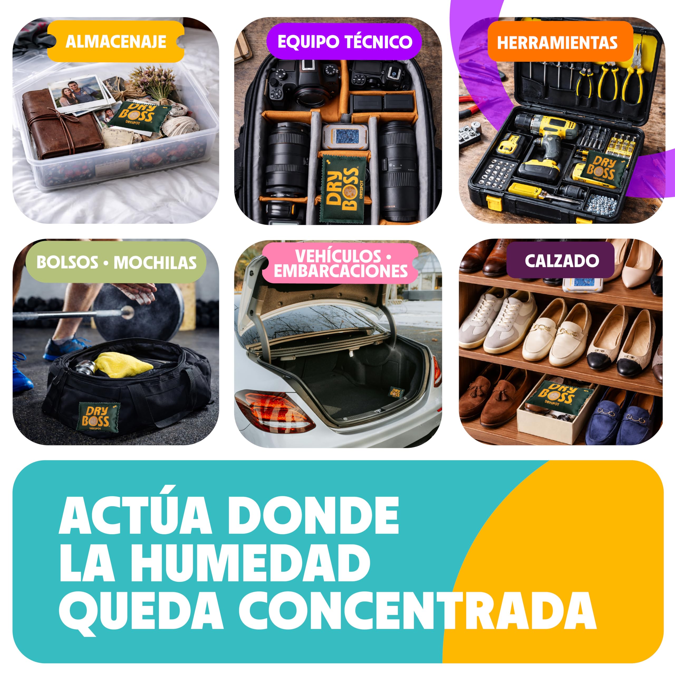Pack 5 x 100g Antihumedad DRYSPOT Reutilizable, Recargable, Portátil | Silica Gel Absorbe Humedad y Olores | Armarios, Cajones, Coches, Filamentos 3D, Ropa y Espacios Pequeños | Desecante