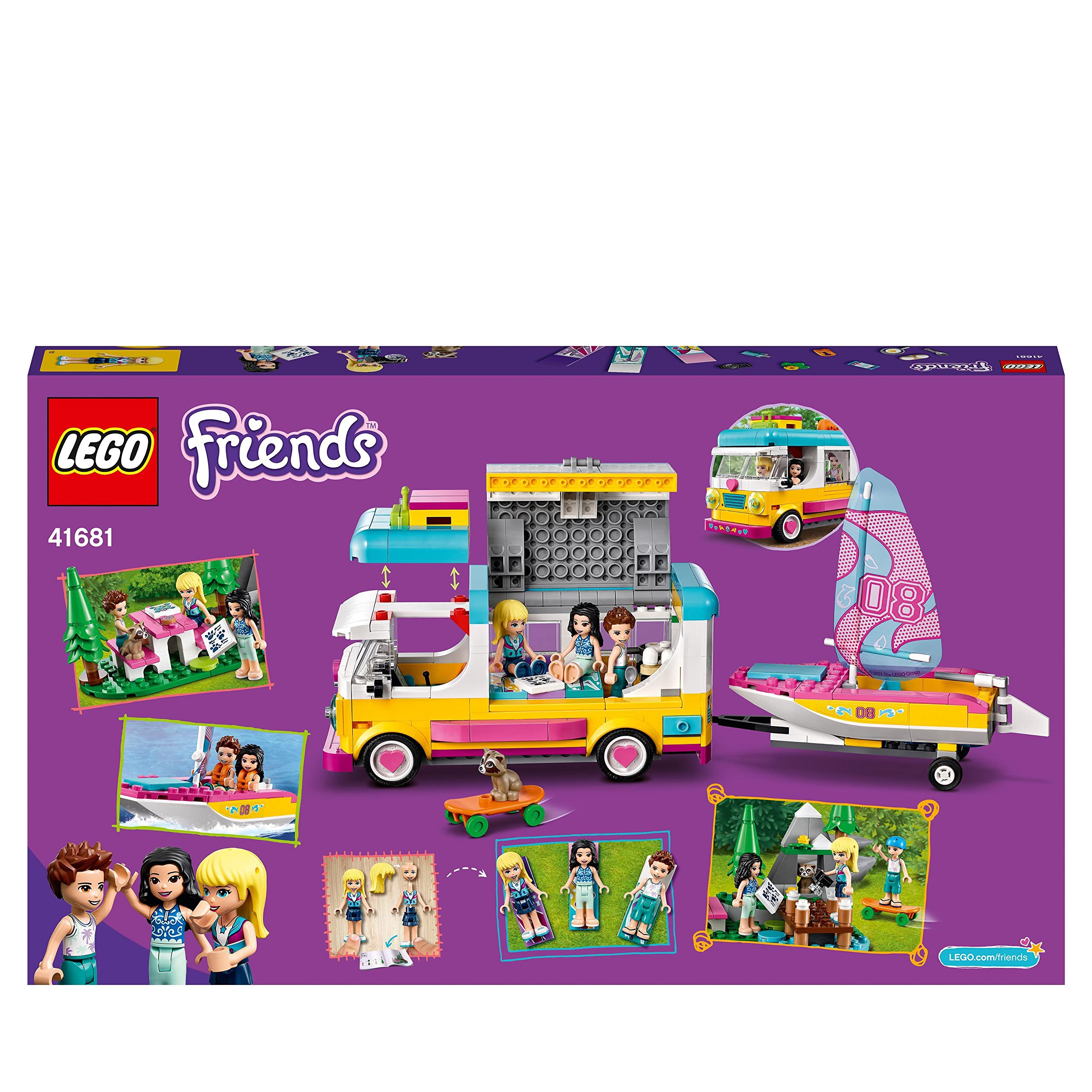 LEGO 41681 Friends Wohnmobil- und Segelbootausflug, Camping Spielzeug für Jungen und Mädchen mit Wohnmobil und Boot