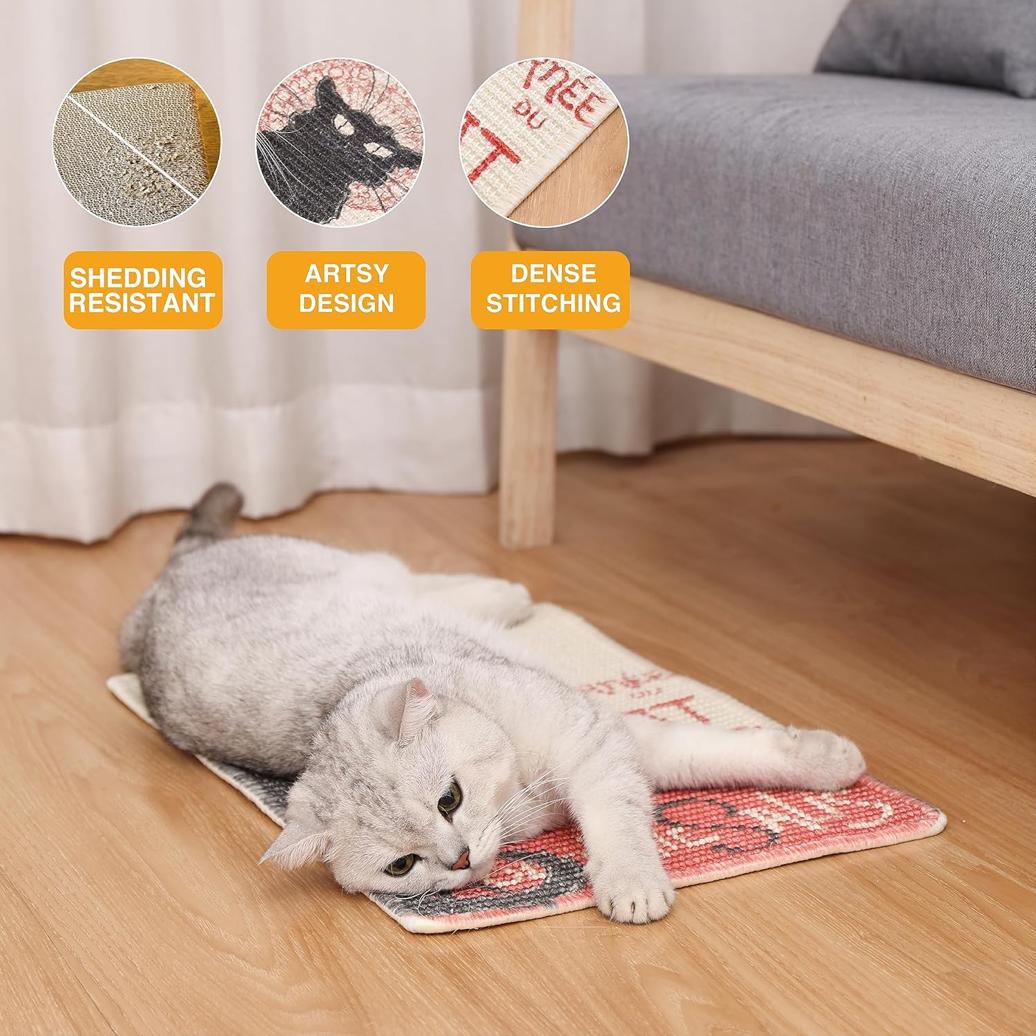 review Sisal Cat Scratcher Mat (Use on Wall, Couch and Carpet), Durable and Shedding-Resistant Cat Scratching Surface - 21.7x13 inch with 8 Adhesive Pads (The Black Cat Vintage Poster)