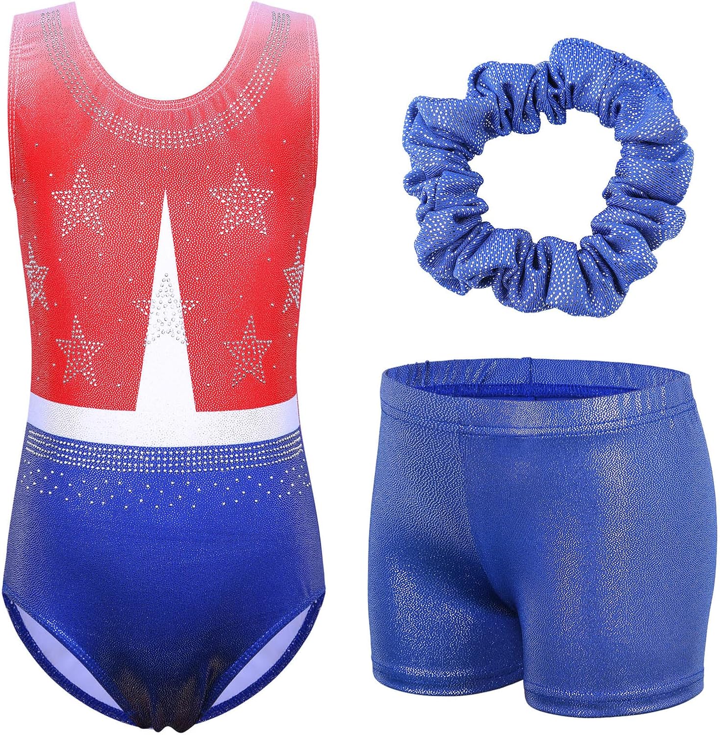 BAOHULU Gymnastics Leotards for Girls Glitter Dance Activewear with Matching Tumbling Shorts Set