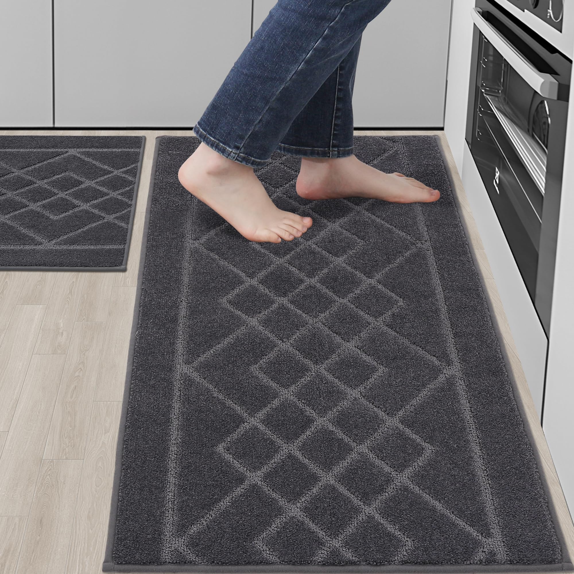 BEQHAUSE Küchenteppich 2 Stück rutschfeste, Maschinenwaschbare Küchenmatten, Saugfähige, Weiche Küchenläufer für Küche, Esszimmer, Dunkelgrau, 50X76cm+50X122cm