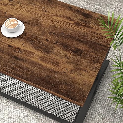 Miniatura 5 de IBF Mesa de centro rústica marrón con almacenamiento, mesa rectangular de metal de madera de granja, mesa central industrial con estante de malla,