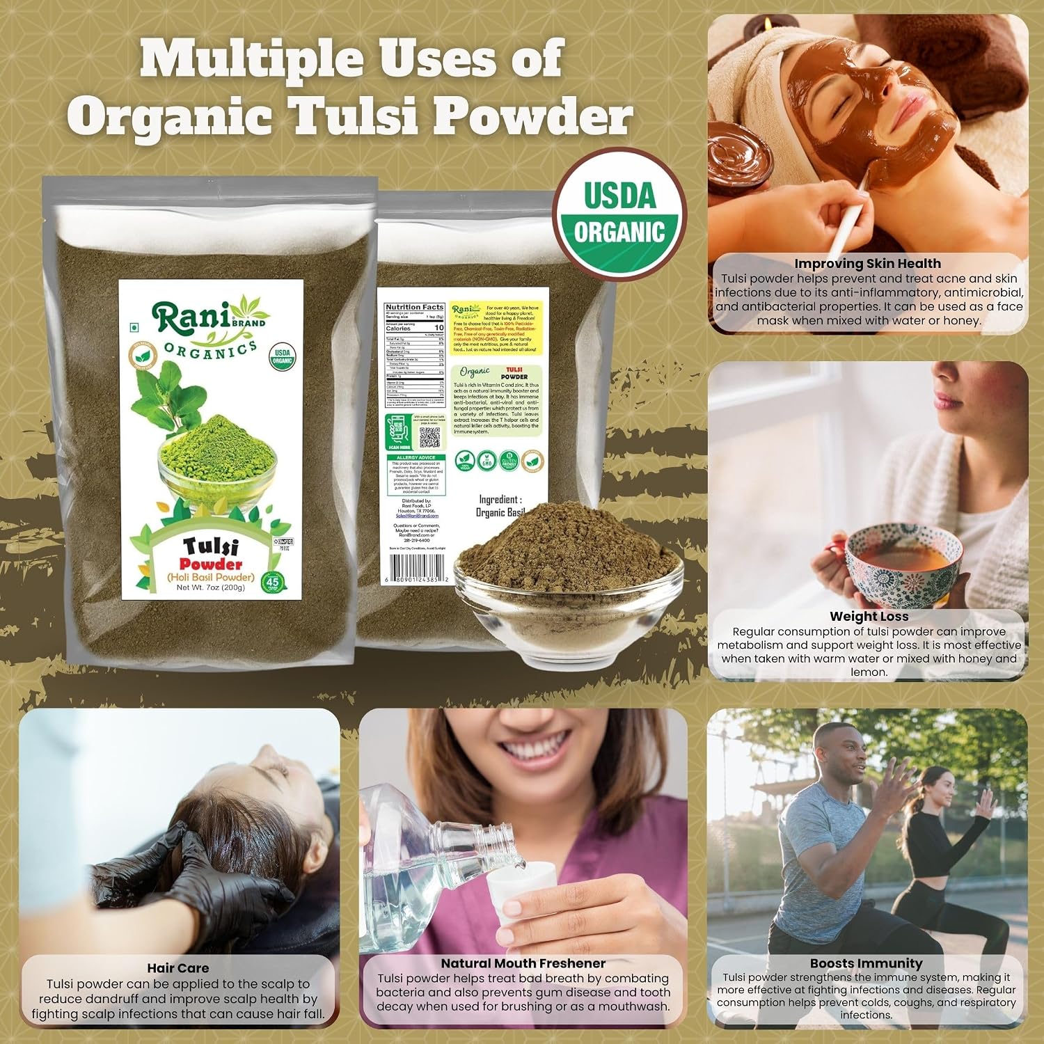 Rani Organic Tulsi Powder (Holi Basil Powder) 7oz (200g) ~ All Natural | No Color | Gluten Friendly | Vegan | NON-GMO | Kosher | No Salt or fillers | Indian Origin | USDA Organic Certified image 2