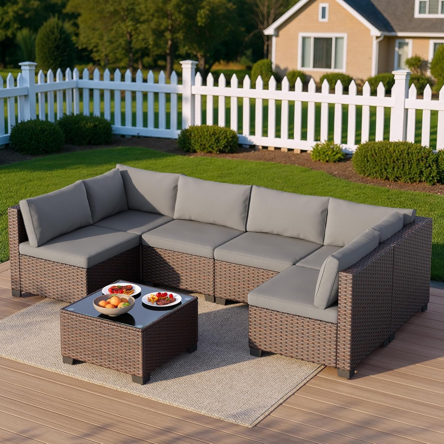 Patio Furniture Sets 7 Pieces Outdoor Sectional Rattan Sofa Manual Weaving Wicker Patio Conversation Set with Glass Table and Cushion for Backyard Porch Balcony Poolside(Gray)