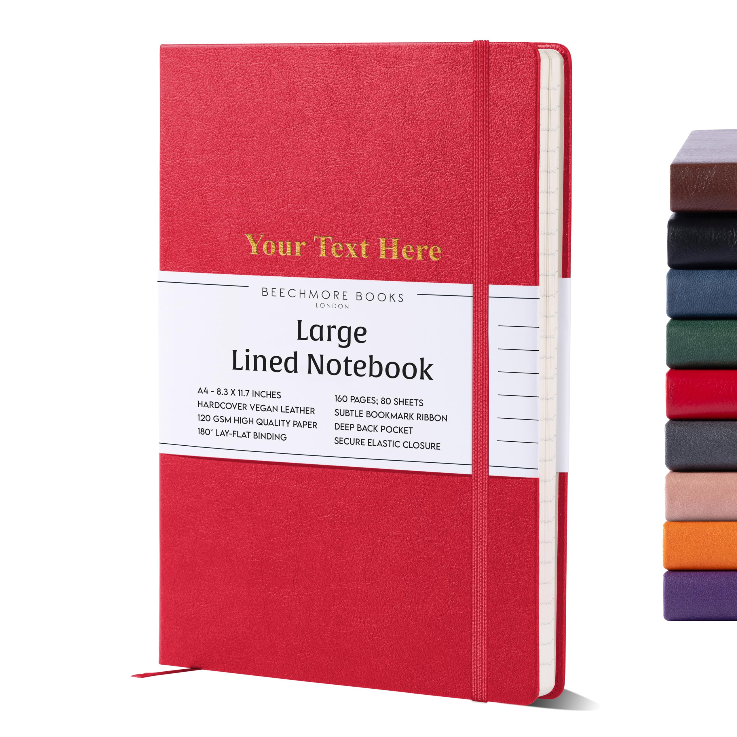 Beechmore Books Ruled Journal Notebook - XL A4 Red 160 Lined Pages 8.5 x 11.5 | Personalized Leather Daily Journals For Writing - Thick 120gsm Cream Paper | Gifts for Men, Women
