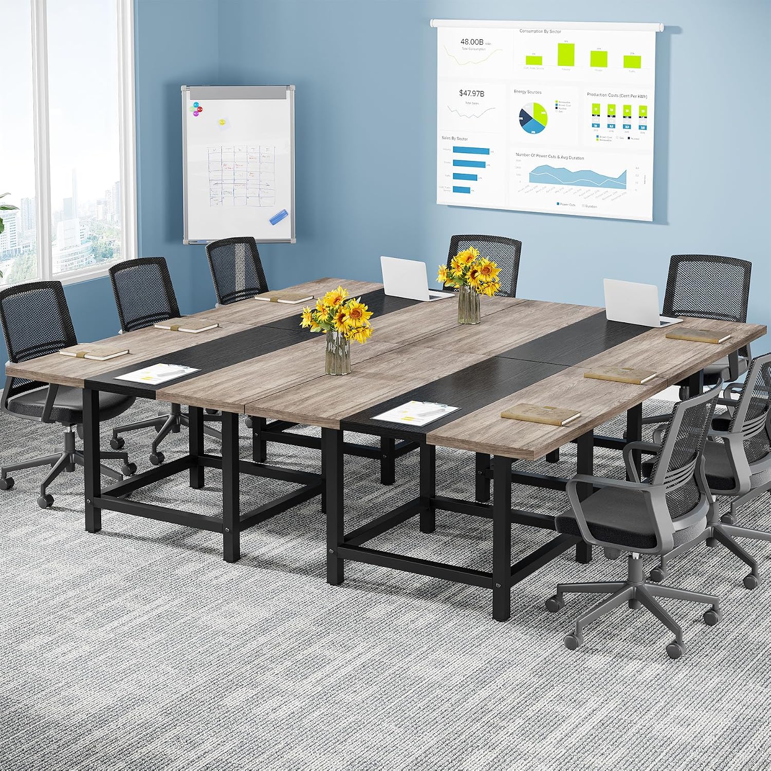 Tribesigns 13 Ft Long Conference Room Table, Rustic Rectangle157 L X 39.2W X 29.52H Inches Wood Seminar Table for Office, Conference Room,4 Tables (Chair not Included) (4, Grey&Black)