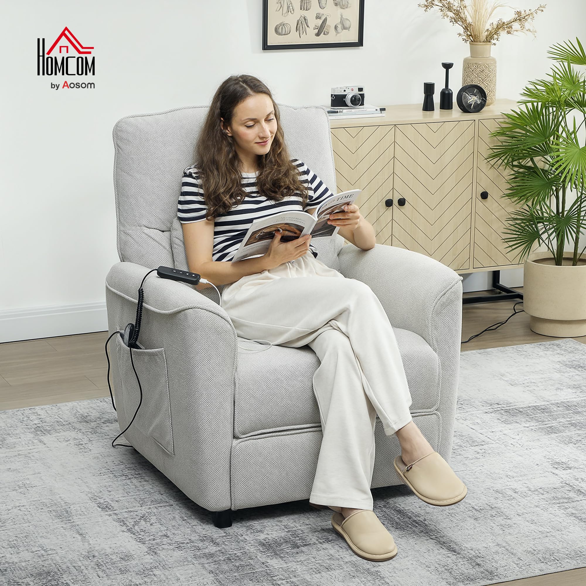 HOMCOM Poltrona Relax Elettrica Massaggiante e Riscaldante, Silenziosa, Poltrona Reclinabile 150° in Ciniglia con Cuscino, Funzione Memory, 2 Telecomandi, Poggiapiedi, USB per Soggiorno, Grigio Chiaro