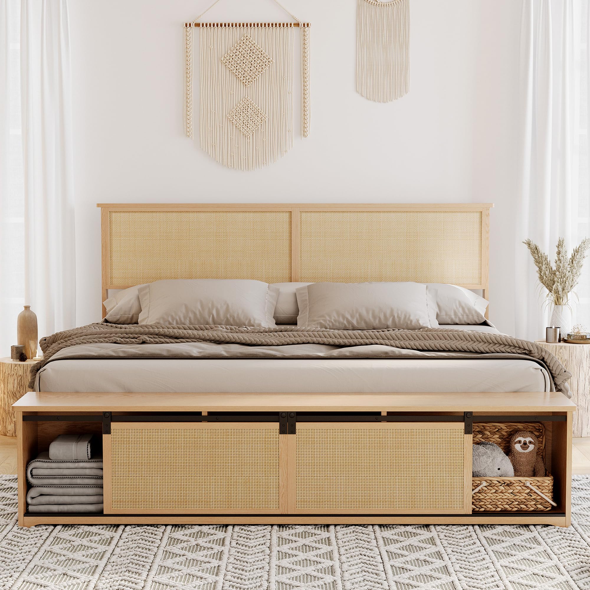 Photo 1 of GarveeHome Natural Rattan Full Size Bed Frame with Sliding Barn Door Storage Cabinets, LED Light Headboard, Boho Farmhouse Wood Platform Bed with Solid Wood Legs Support, No Box Spring Needed