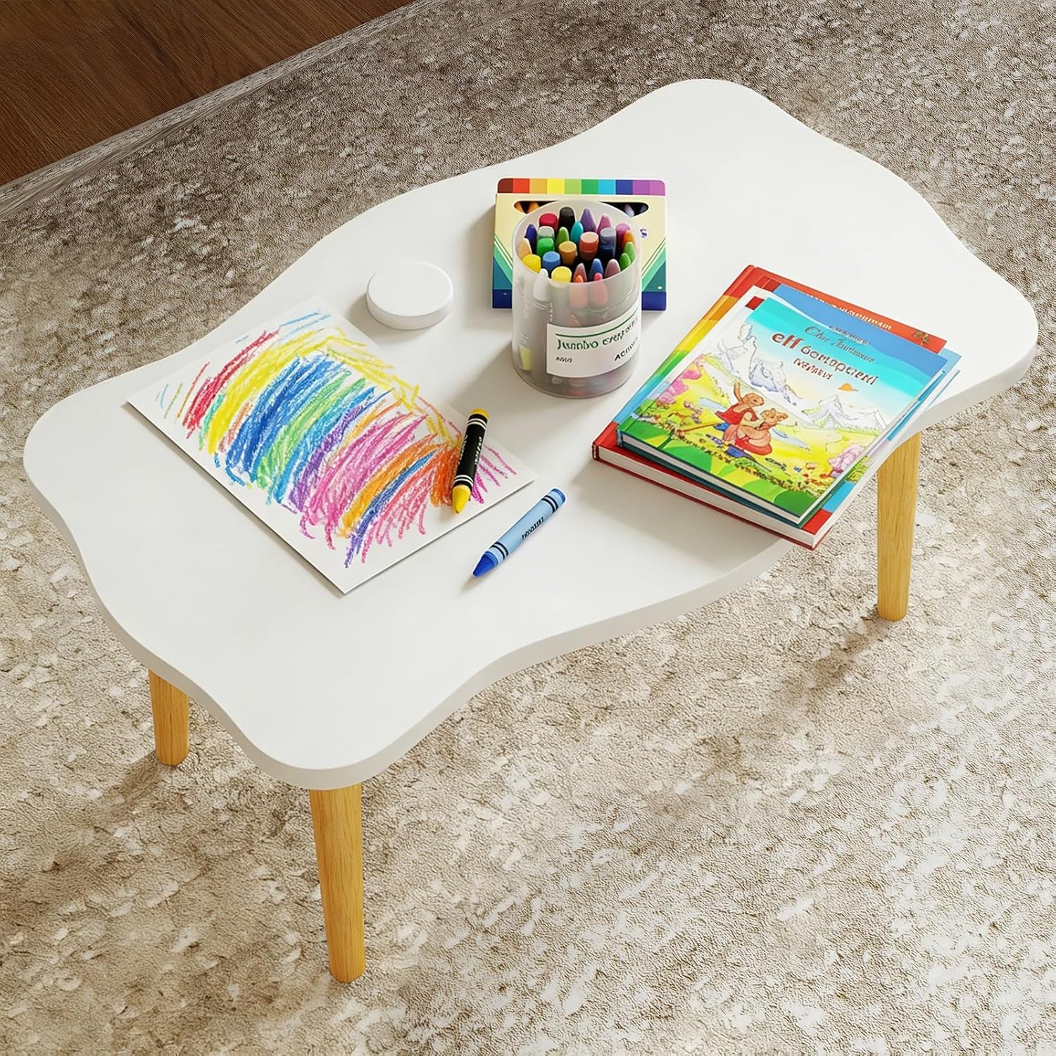 Cookie Coffee Table Low Table with 4 Solid Wood Sturdy Legs,Floor Table Desk for Sitting on The Floor,19.7"D x 31.5"W x 16"H Inches,Living Room/Toy room Furniture,Rental house Furniture(White)